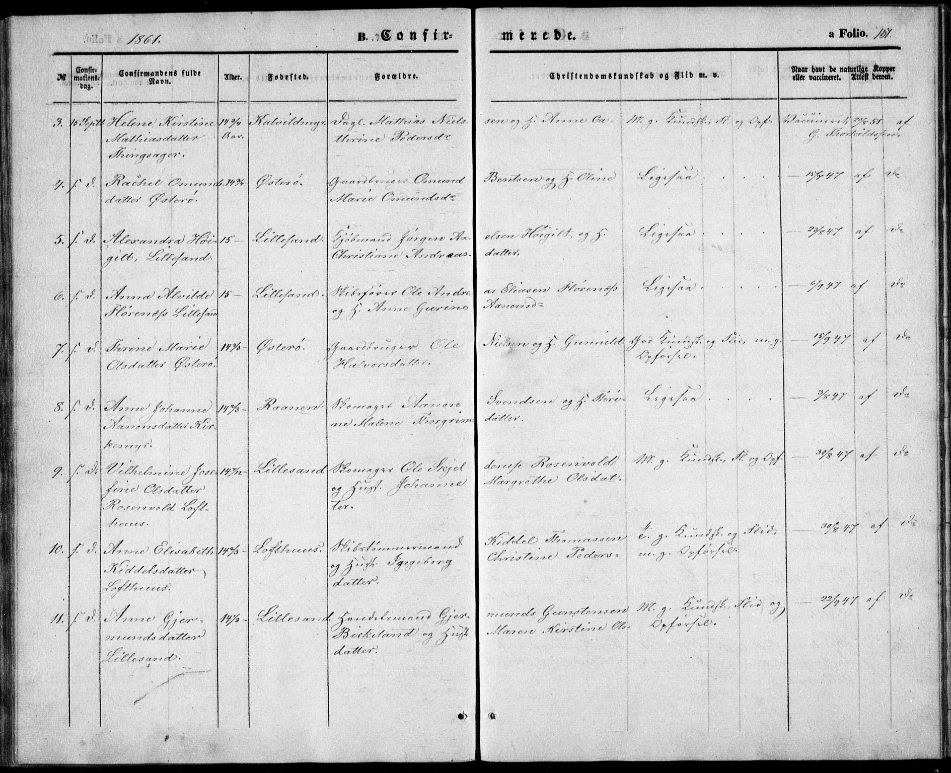 Vestre Moland sokneprestkontor, AV/SAK-1111-0046/F/Fb/Fbb/L0003: Parish register (copy) no. B 3, 1851-1861, p. 151