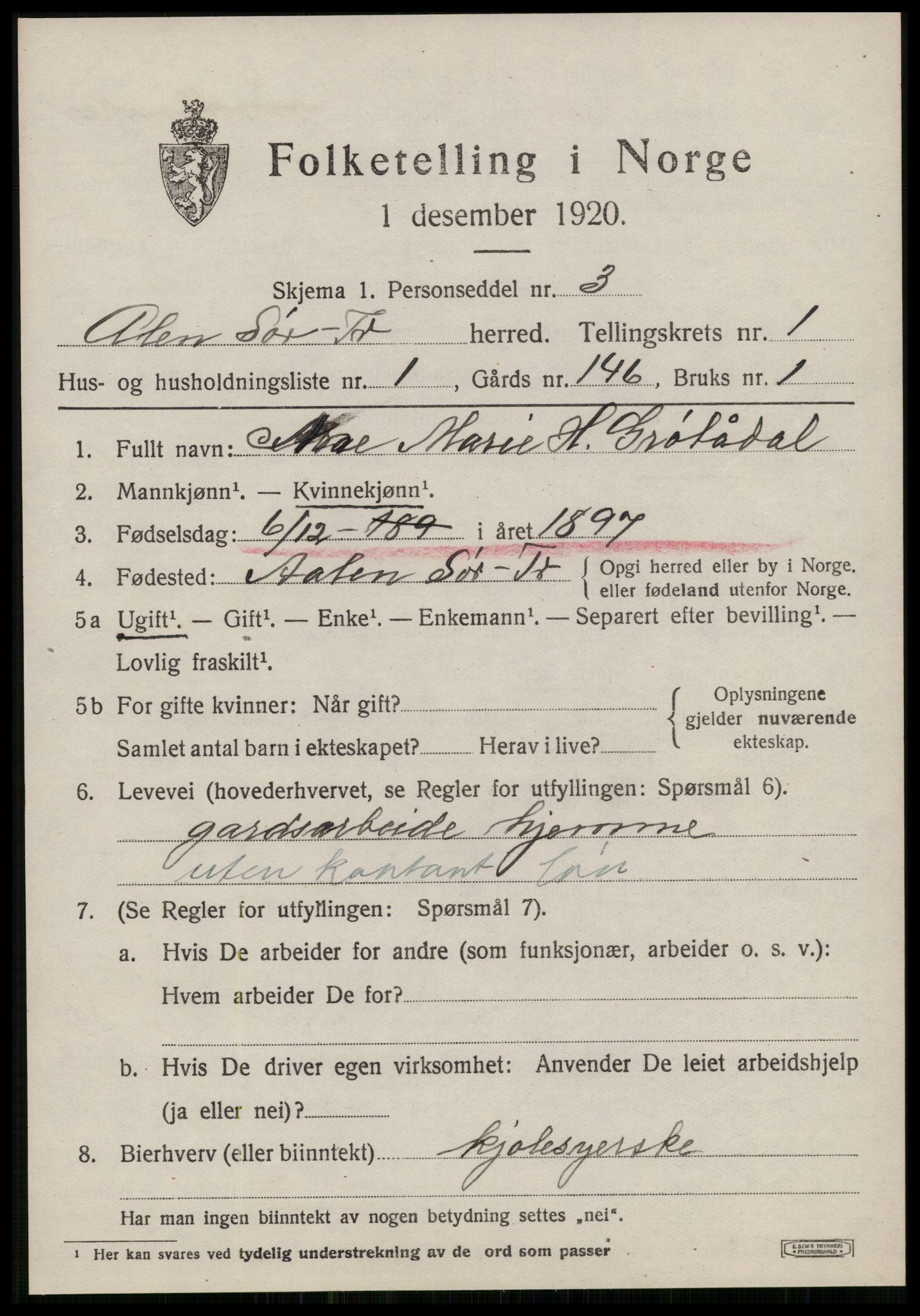 SAT, 1920 census for Ålen, 1920, p. 844