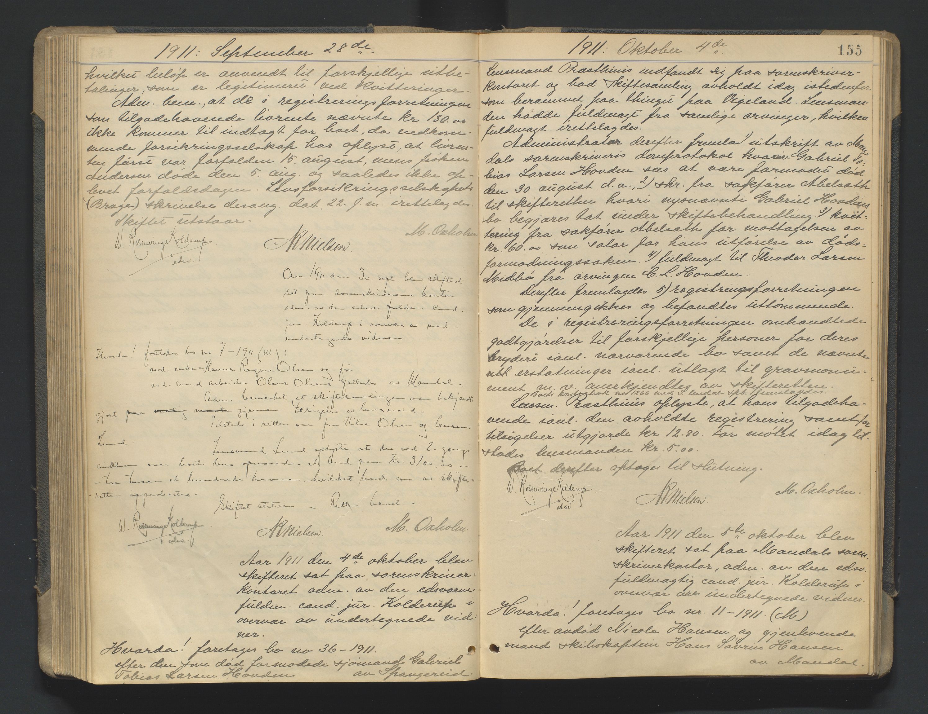 Mandal sorenskriveri, AV/SAK-1221-0005/001/H/Hc/L0081: Skifteforhandlingsprotokoll nr 13, 1909-1913, p. 155