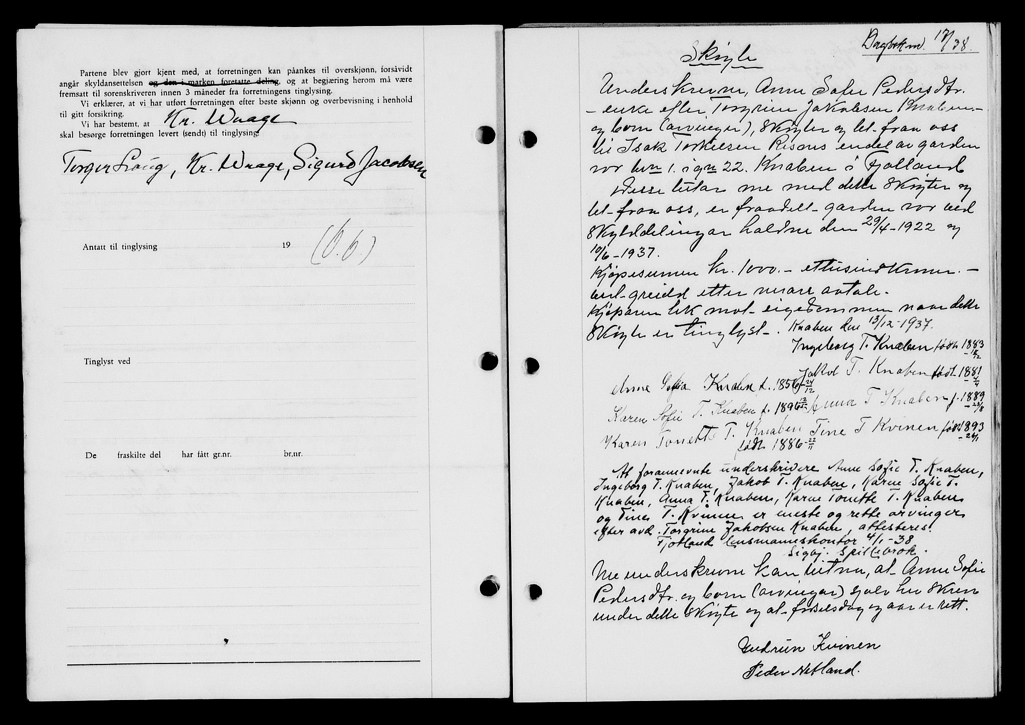 Flekkefjord sorenskriveri, SAK/1221-0001/G/Gb/Gba/L0054: Mortgage book no. A-2, 1937-1938, Diary no: : 17/1938