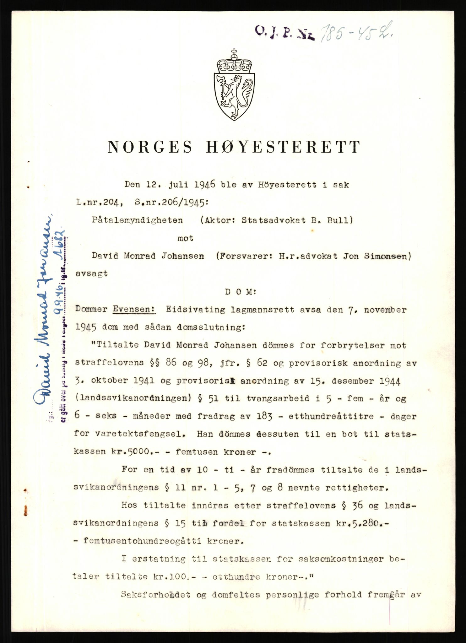 Landssvikarkivet, Oslo politikammer, RA/S-3138-01/D/Da/L0178/0008: Dommer, dnr. 1225 - 1232 / Dnr. 1232, 1945-1948, p. 113