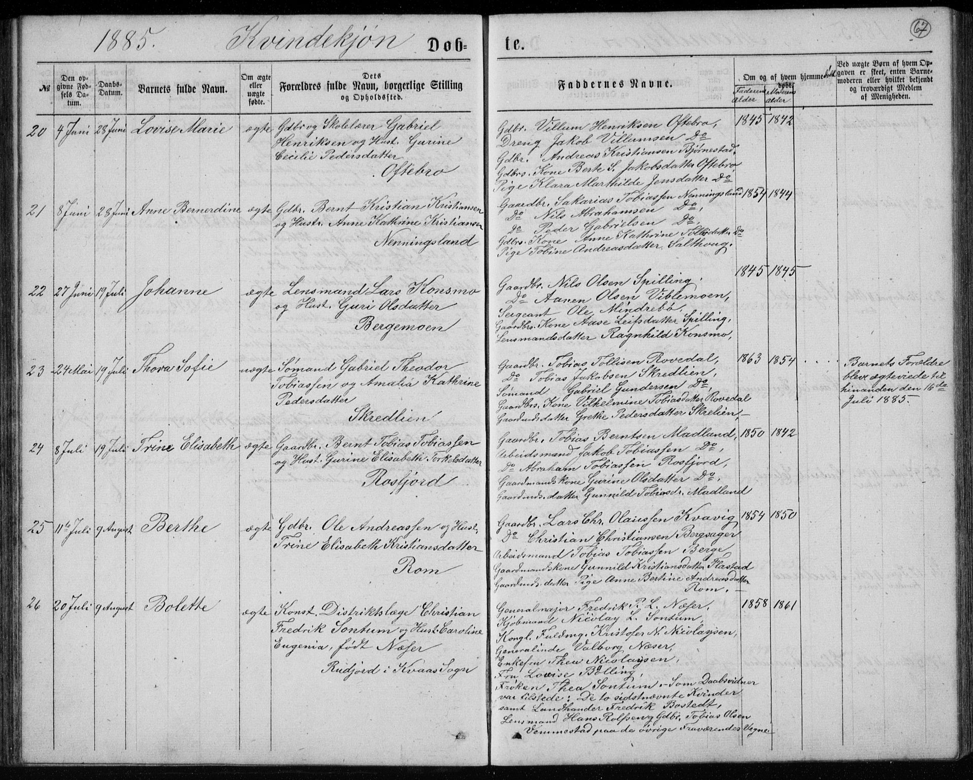 Lyngdal sokneprestkontor, AV/SAK-1111-0029/F/Fb/Fbc/L0004: Parish register (copy) no. B 4, 1878-1896, p. 67