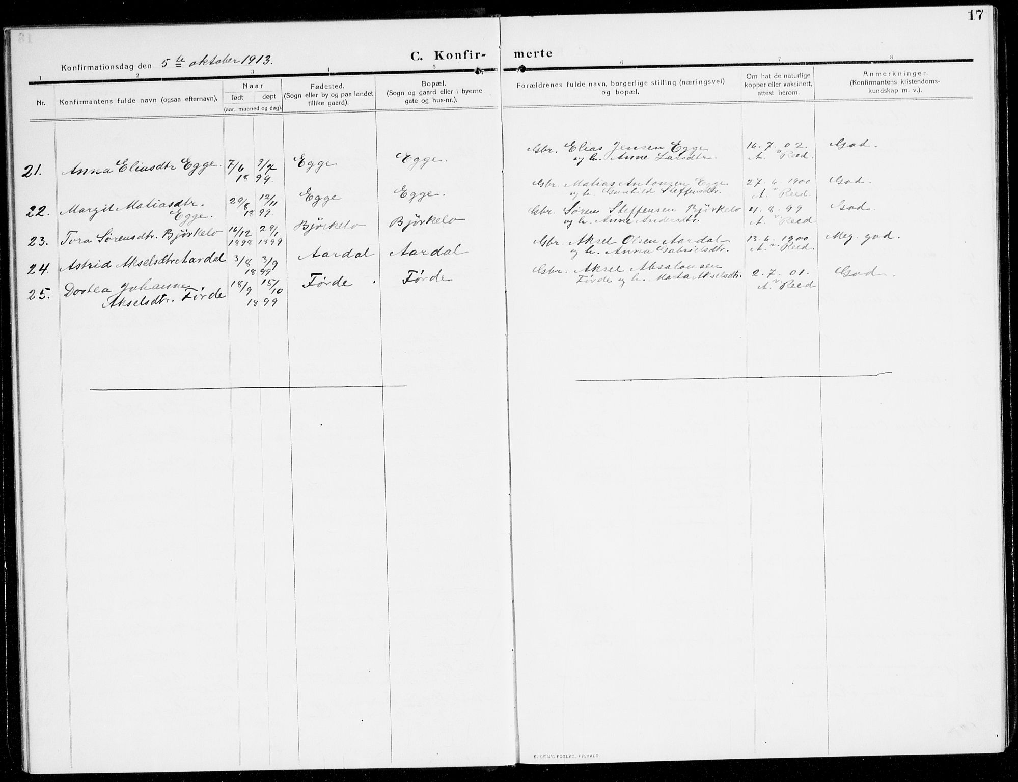 Gloppen sokneprestembete, AV/SAB-A-80101/H/Hac/L0004: Curate's parish register no. A 4, 1909-1923, p. 17