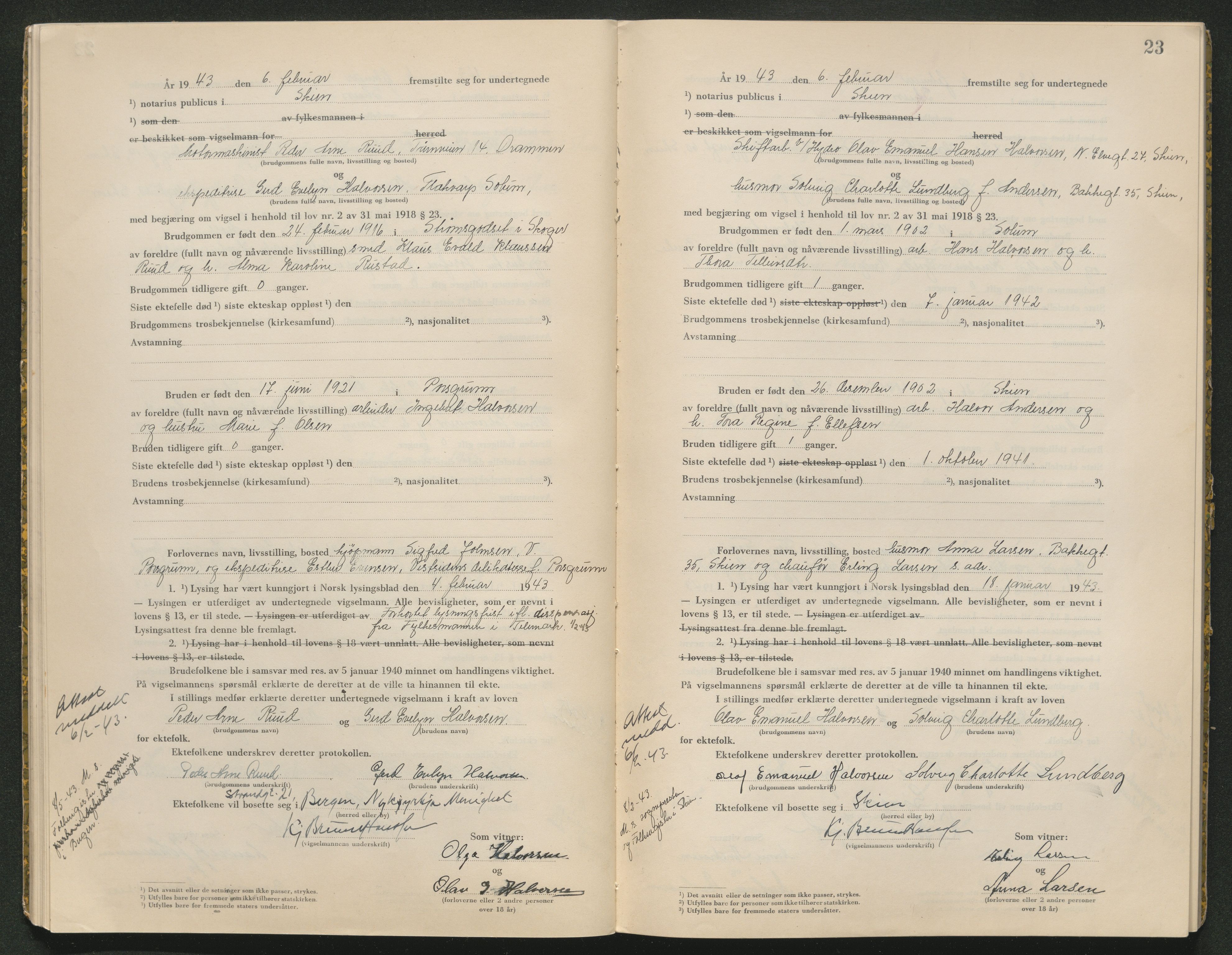 Skien sorenskriveri, AV/SAKO-A-225/L/La/L0001: Vigselsprotokoll, 1920-1947, p. 23