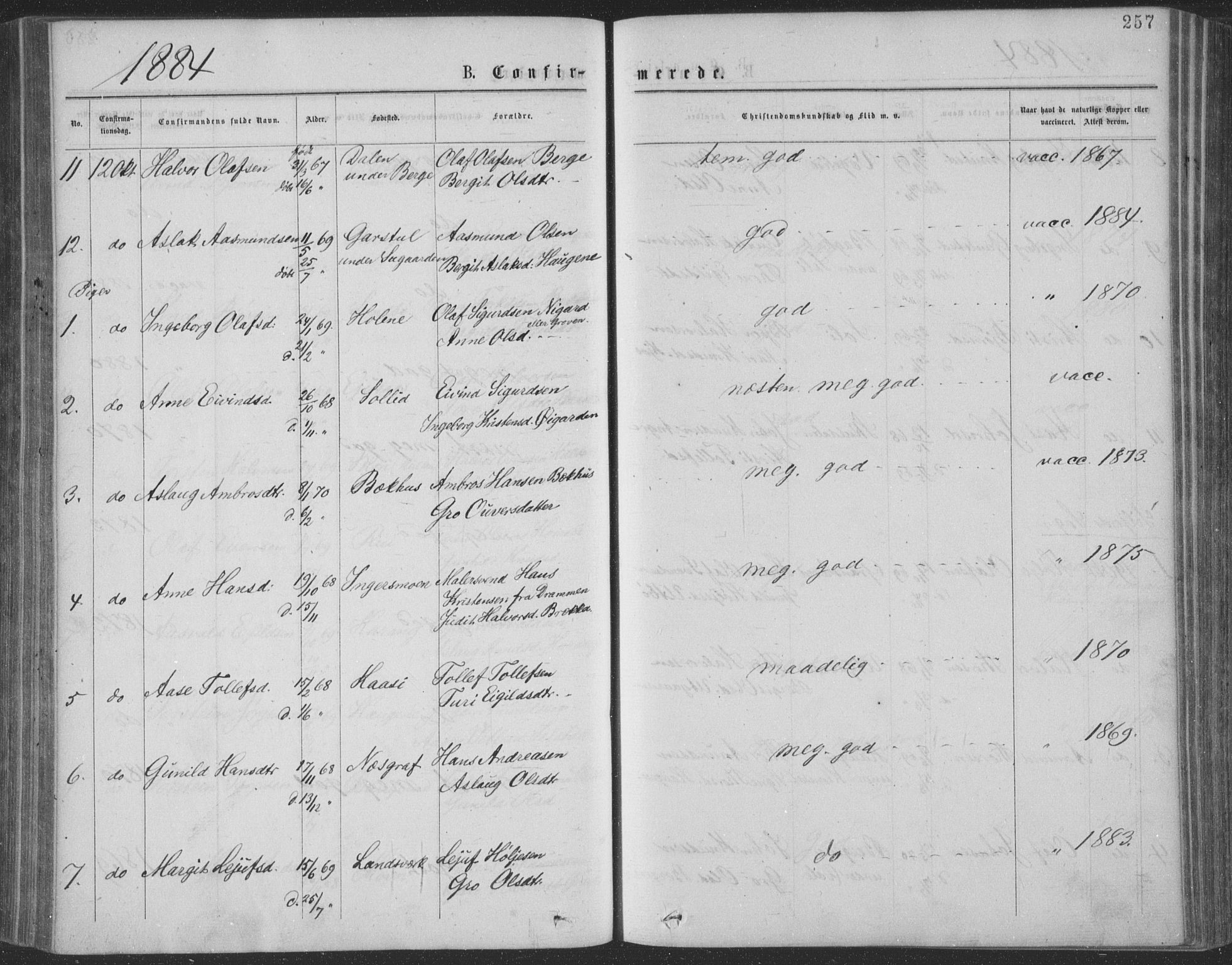 Seljord kirkebøker, SAKO/A-20/F/Fa/L0014: Parish register (official) no. I 14, 1877-1886, p. 257
