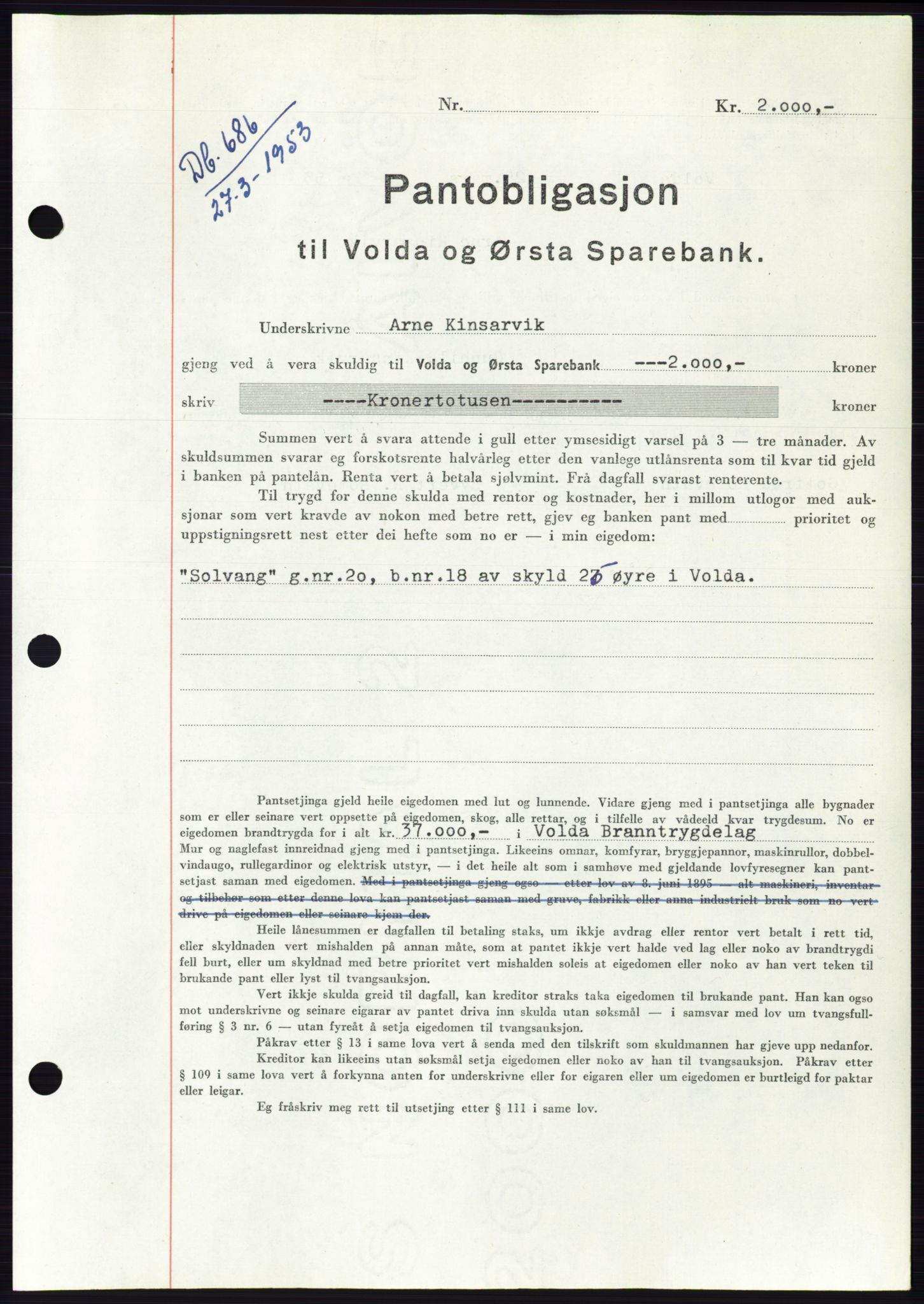 Søre Sunnmøre sorenskriveri, SAT/A-4122/1/2/2C/L0123: Mortgage book no. 11B, 1953-1953, Diary no: : 686/1953