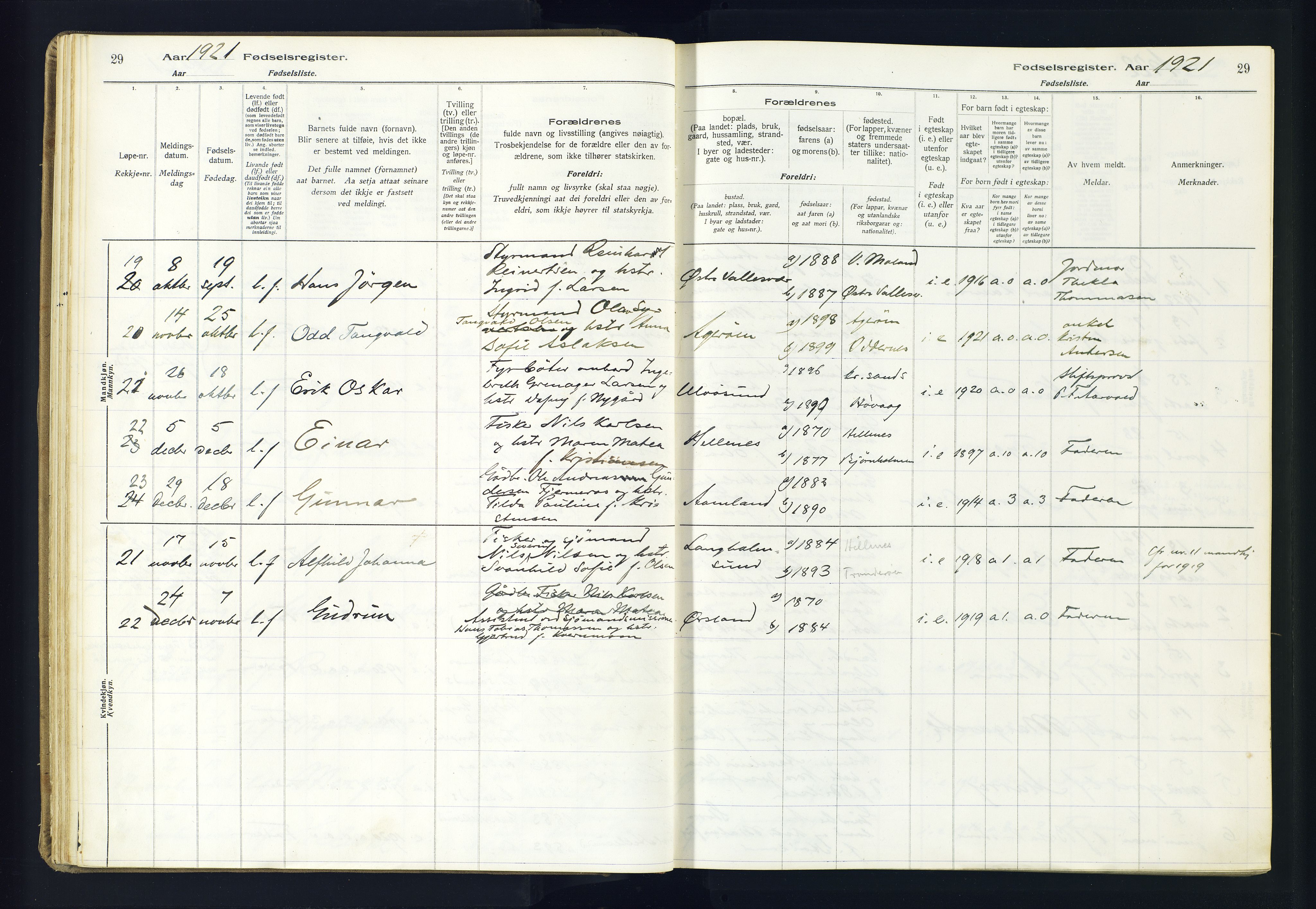 Høvåg sokneprestkontor, AV/SAK-1111-0025/J/Ja/L0001: Birth register no. II.4.2, 1916-1982, p. 29