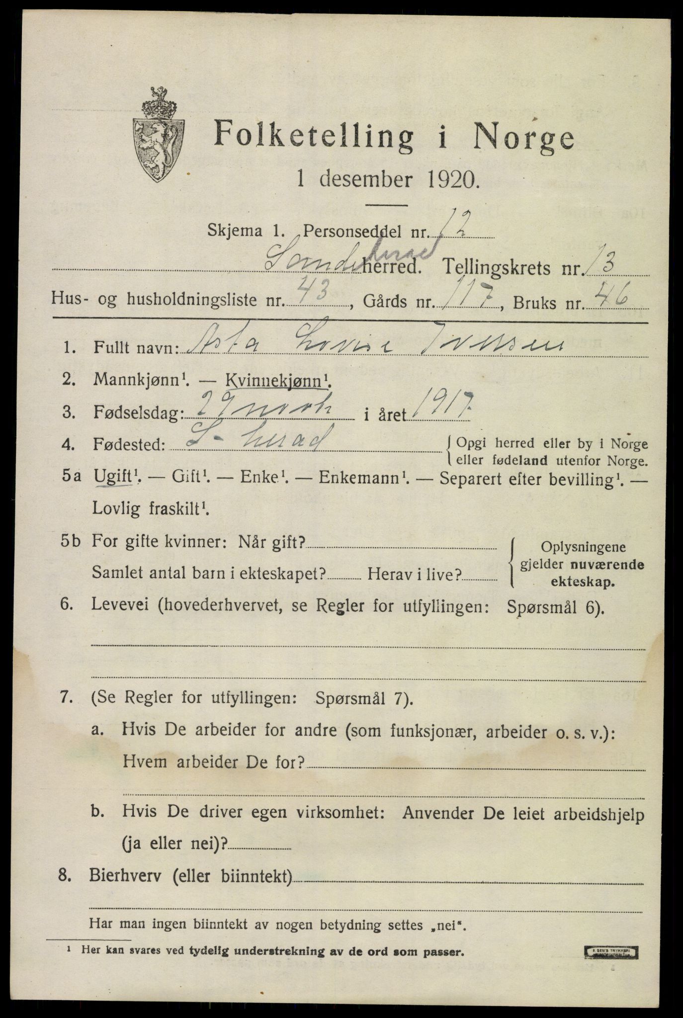 SAKO, 1920 census for Sandeherred, 1920, p. 19830