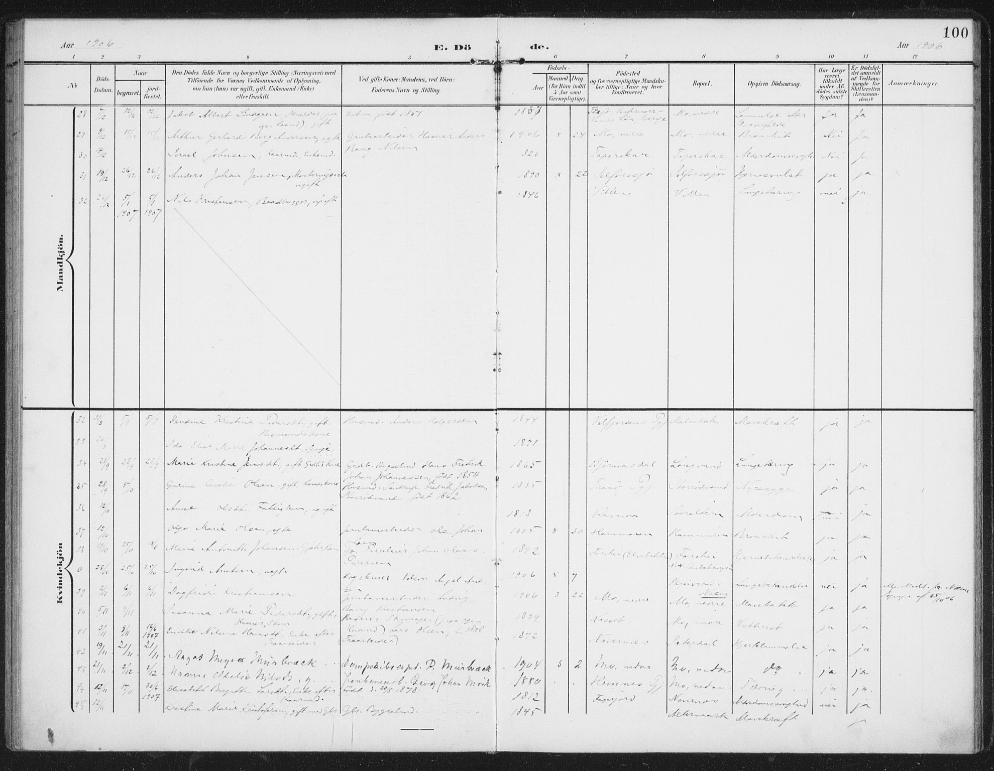 Ministerialprotokoller, klokkerbøker og fødselsregistre - Nordland, AV/SAT-A-1459/827/L0403: Parish register (official) no. 827A15, 1903-1912, p. 100