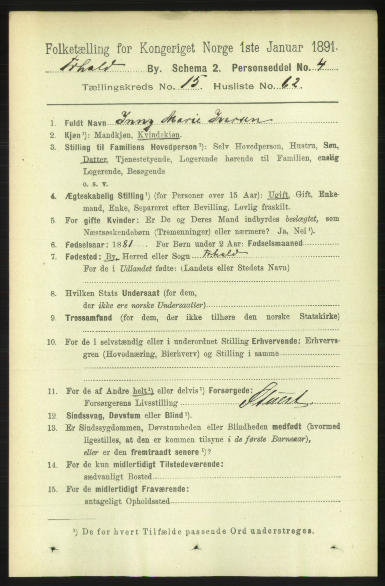 RA, 1891 census for 0101 Fredrikshald, 1891, p. 10154