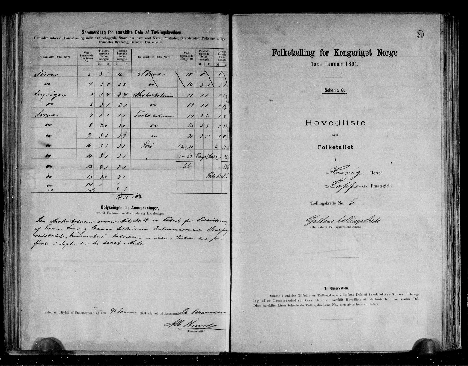 RA, 1891 census for 2015 Hasvik, 1891, p. 13