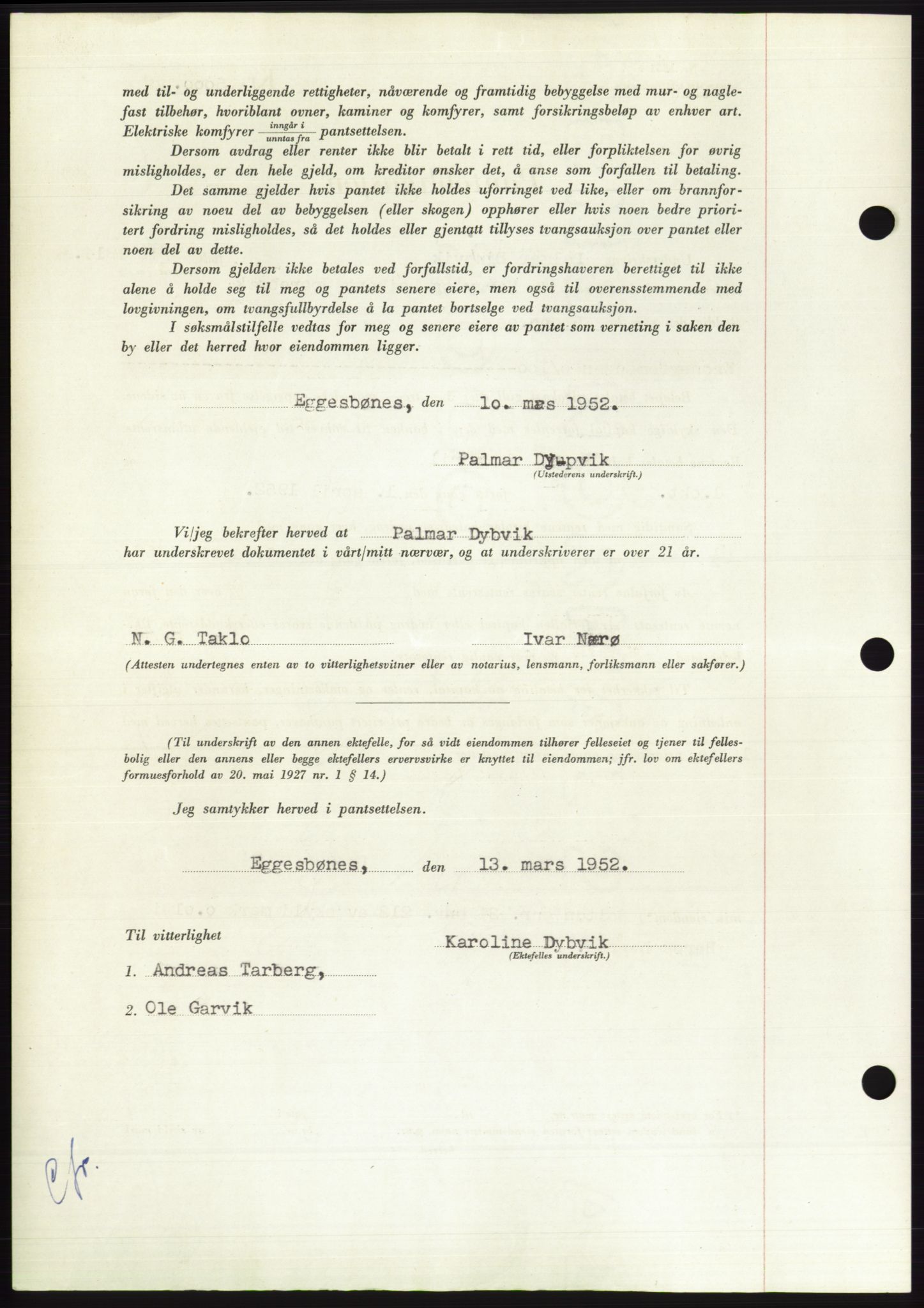 Søre Sunnmøre sorenskriveri, AV/SAT-A-4122/1/2/2C/L0121: Mortgage book no. 9B, 1951-1952, Diary no: : 485/1952