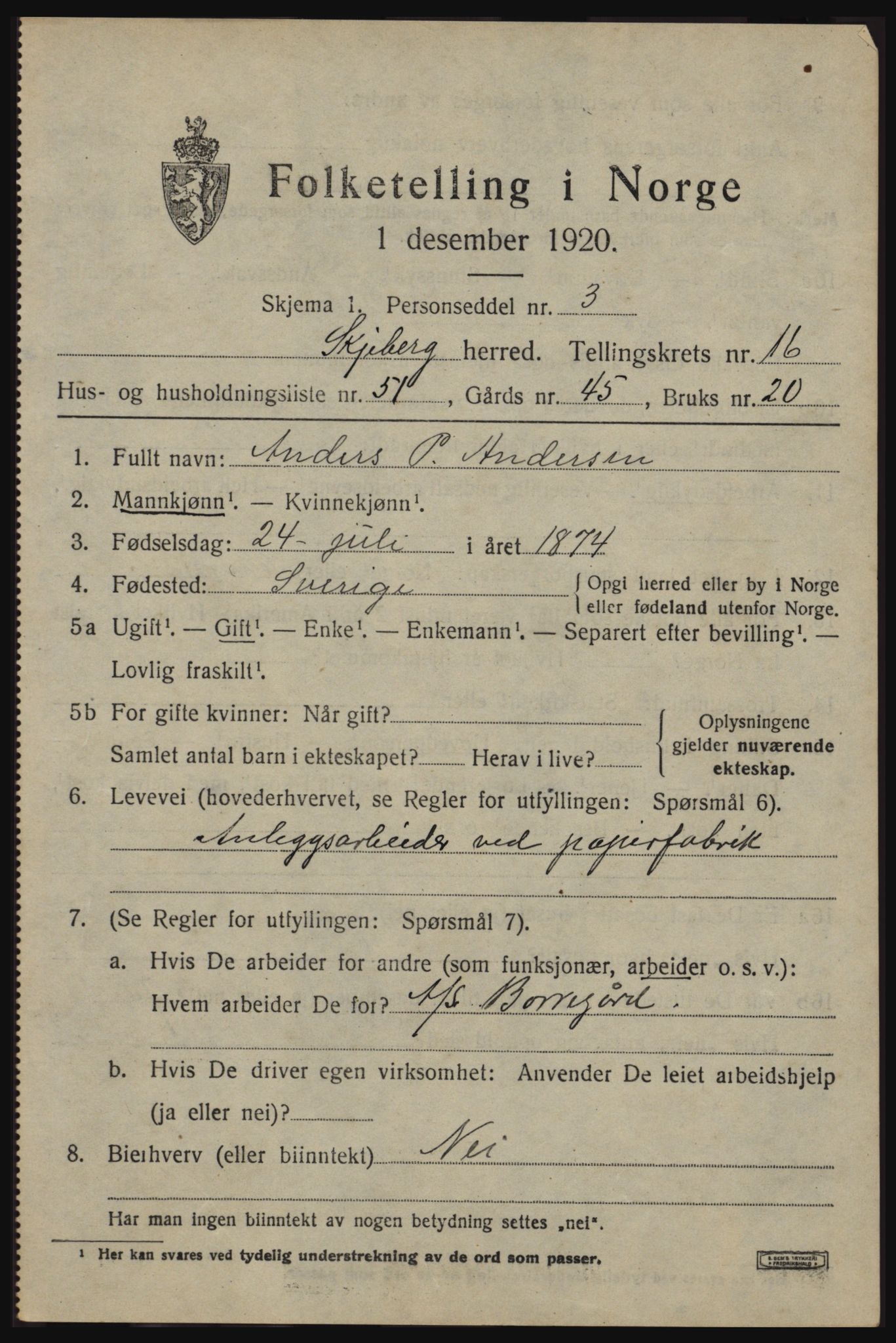 SAO, 1920 census for Skjeberg, 1920, p. 15591