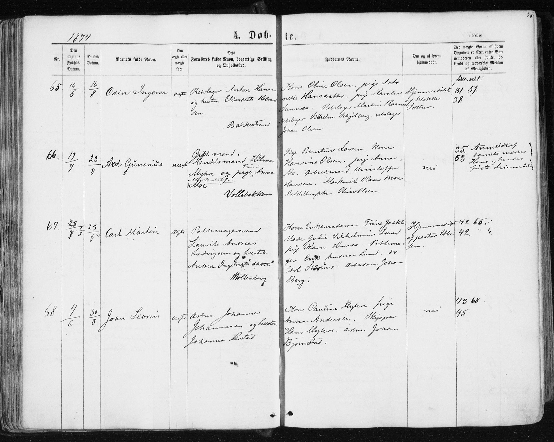 Ministerialprotokoller, klokkerbøker og fødselsregistre - Sør-Trøndelag, AV/SAT-A-1456/604/L0186: Parish register (official) no. 604A07, 1866-1877, p. 78