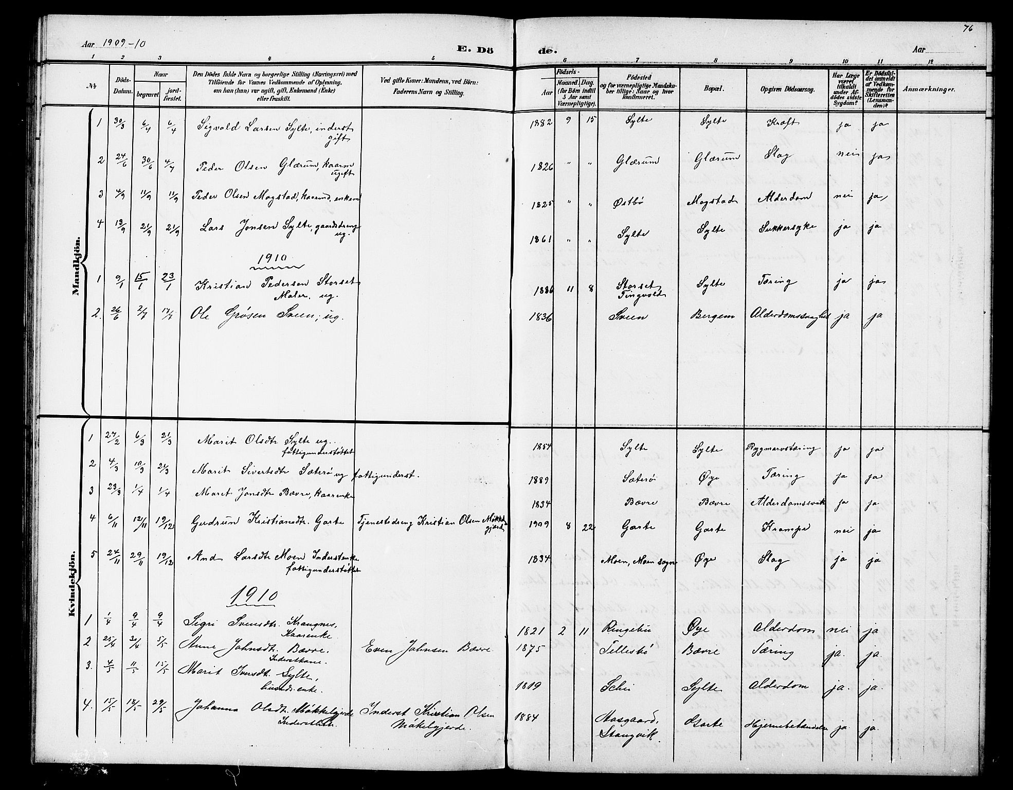 Ministerialprotokoller, klokkerbøker og fødselsregistre - Møre og Romsdal, AV/SAT-A-1454/595/L1053: Parish register (copy) no. 595C05, 1901-1919, p. 76