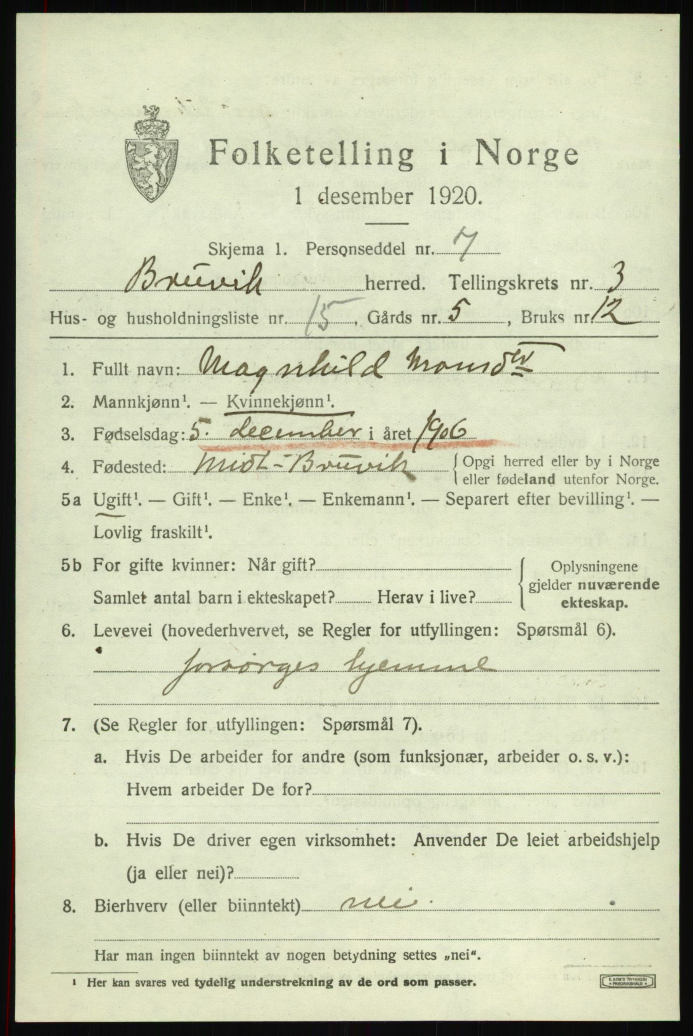 SAB, 1920 census for Bruvik, 1920, p. 1954