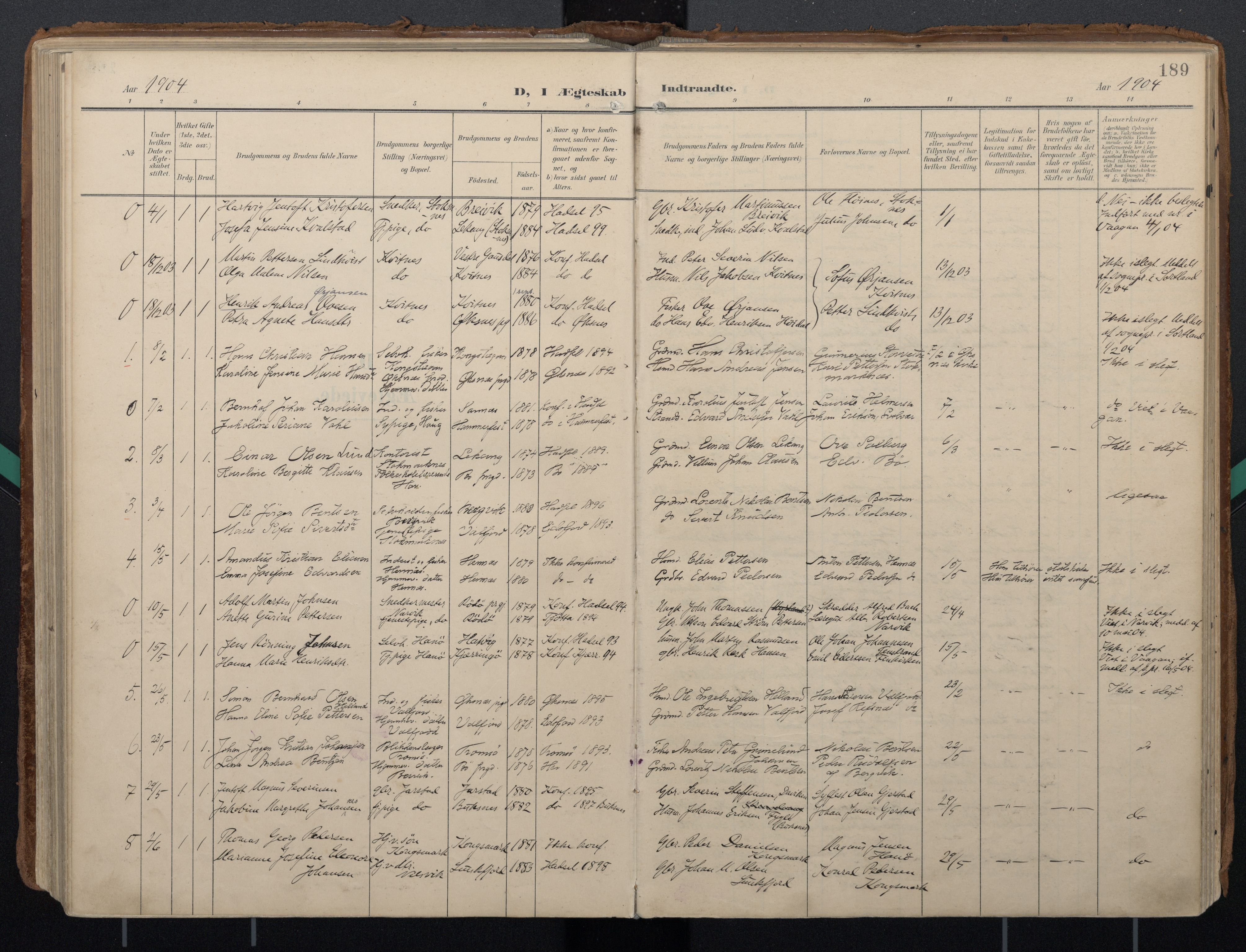 Ministerialprotokoller, klokkerbøker og fødselsregistre - Nordland, SAT/A-1459/888/L1248: Parish register (official) no. 888A14, 1904-1913, p. 189