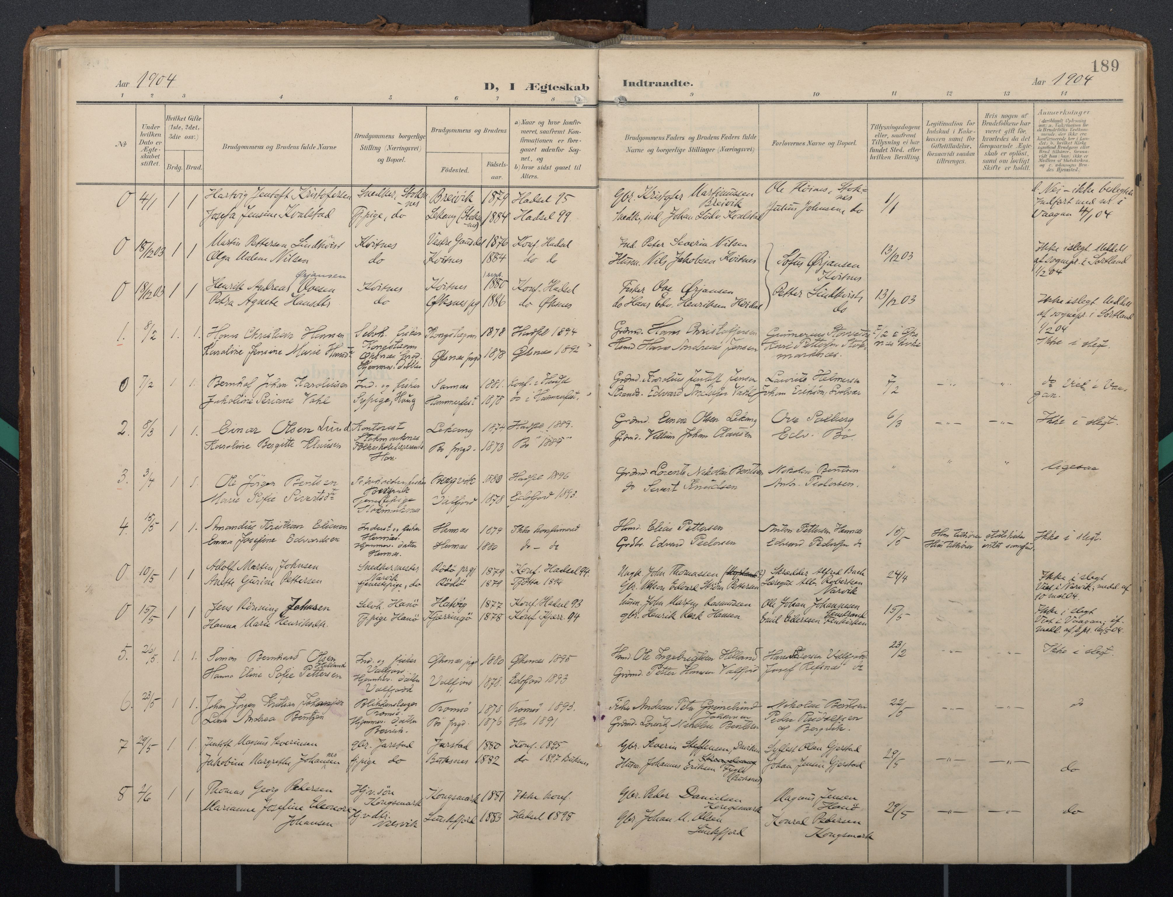 Ministerialprotokoller, klokkerbøker og fødselsregistre - Nordland, AV/SAT-A-1459/888/L1248: Parish register (official) no. 888A14, 1904-1913, p. 189