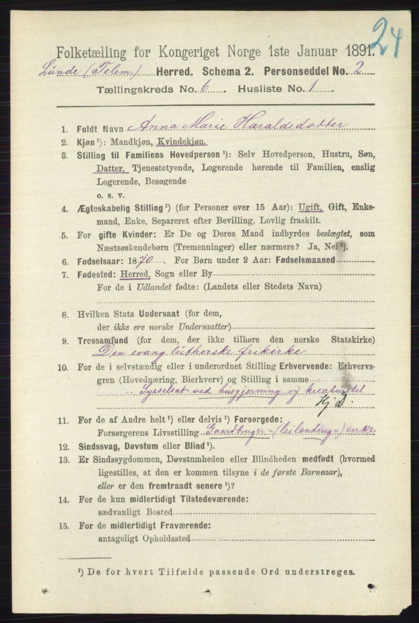 RA, 1891 census for 0820 Lunde, 1891, p. 2033