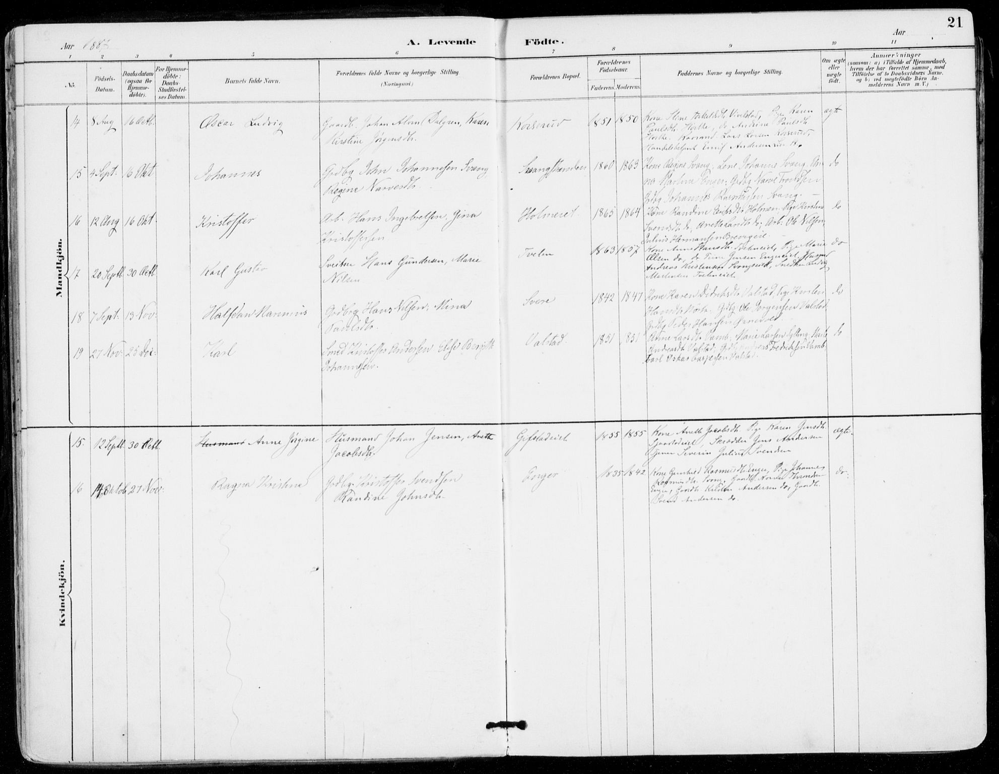 Sylling kirkebøker, AV/SAKO-A-247/F/Fa/L0001: Parish register (official) no. 1, 1883-1910, p. 21