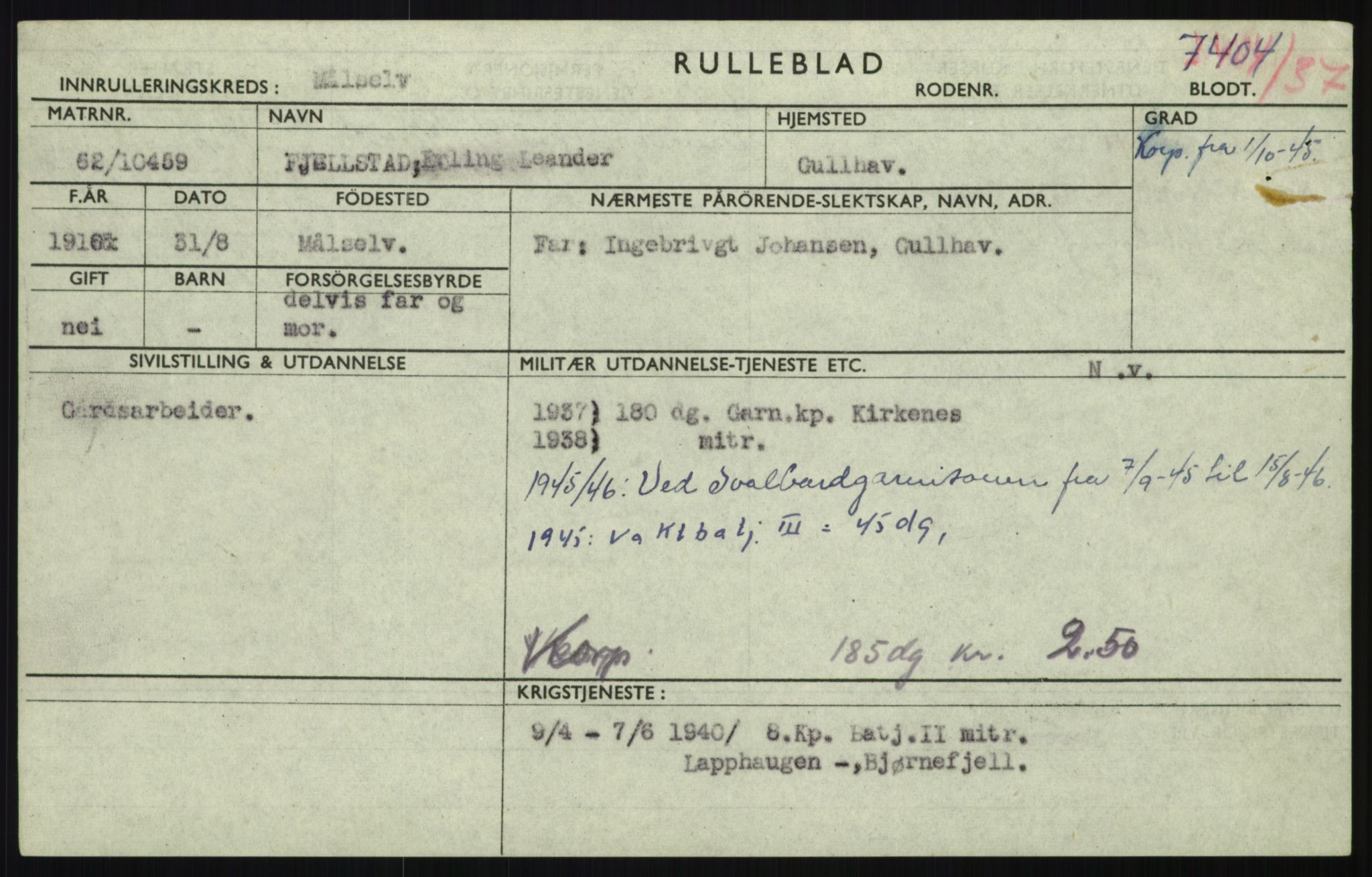 Forsvaret, Troms infanteriregiment nr. 16, AV/RA-RAFA-3146/P/Pa/L0021: Rulleblad for regimentets menige mannskaper, årsklasse 1937, 1937, p. 173