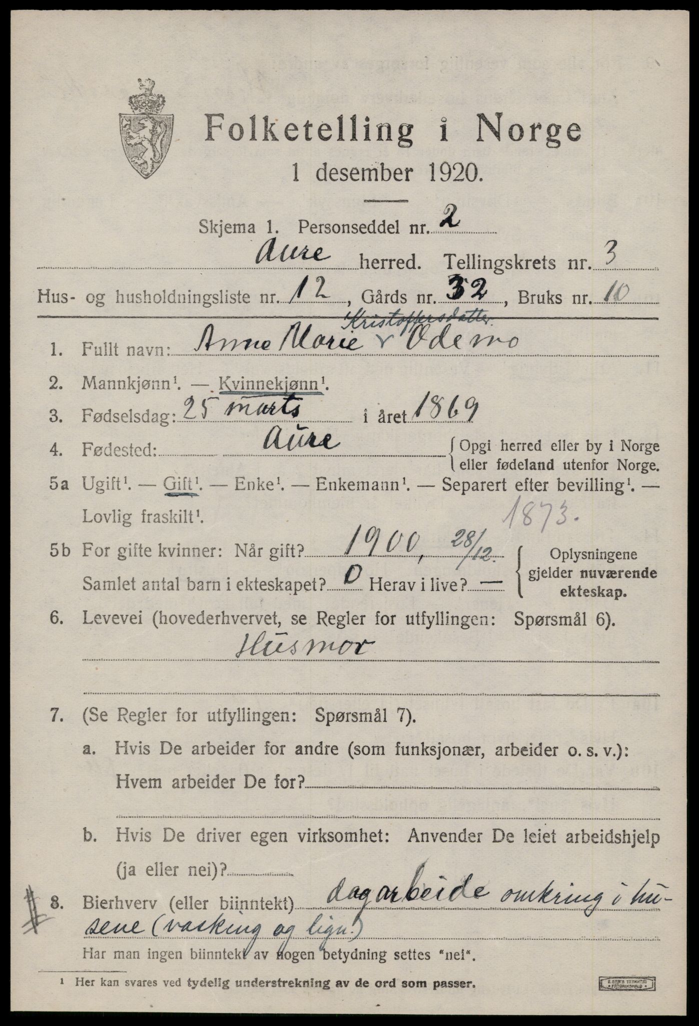 SAT, 1920 census for Aure, 1920, p. 1812
