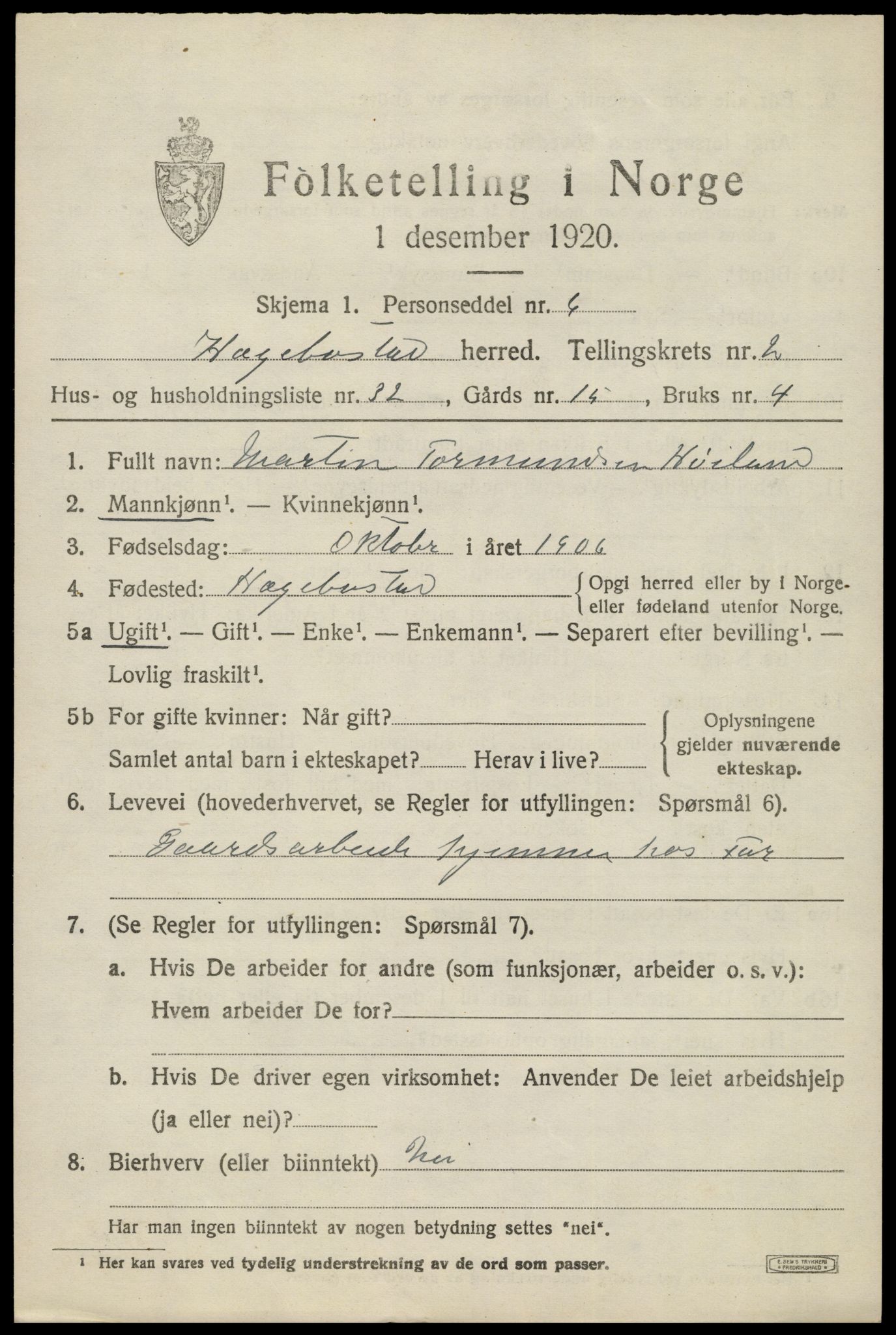 SAK, 1920 census for Hægebostad, 1920, p. 1099