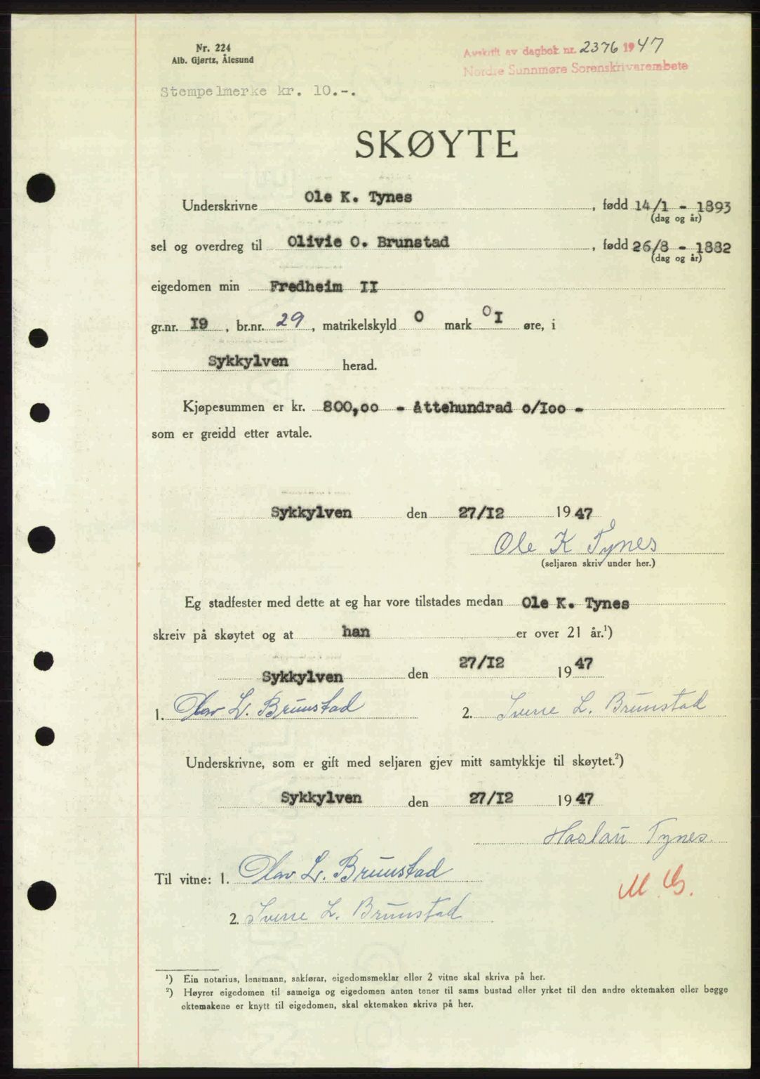 Nordre Sunnmøre sorenskriveri, AV/SAT-A-0006/1/2/2C/2Ca: Mortgage book no. A26, 1947-1948, Diary no: : 2376/1947