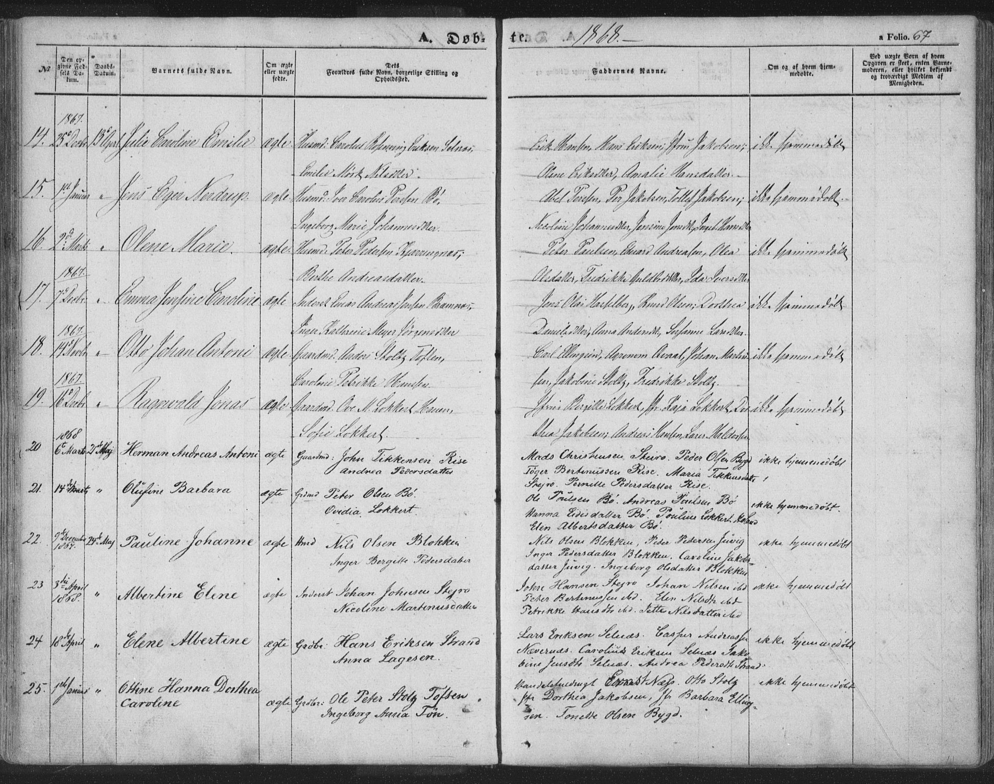 Ministerialprotokoller, klokkerbøker og fødselsregistre - Nordland, AV/SAT-A-1459/895/L1369: Parish register (official) no. 895A04, 1852-1872, p. 67