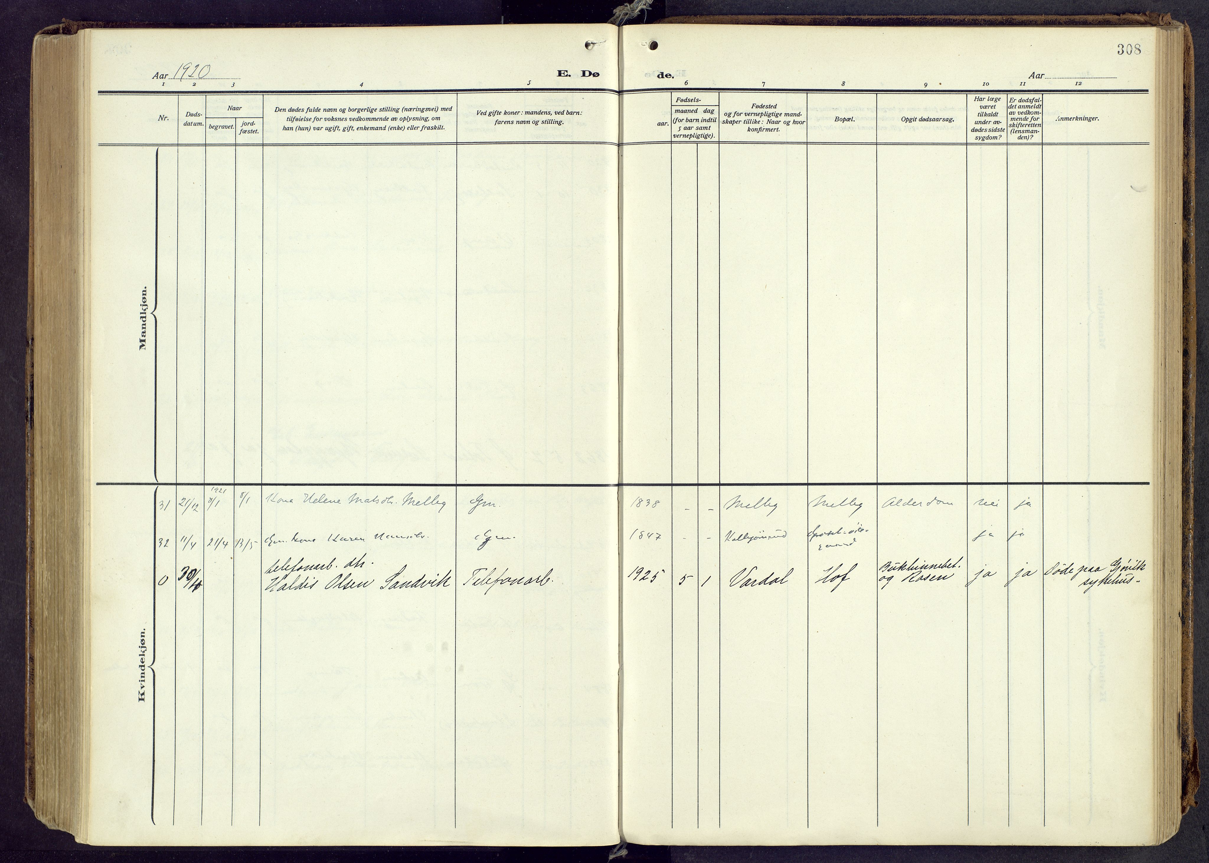 Østre Toten prestekontor, AV/SAH-PREST-104/H/Ha/Haa/L0010: Parish register (official) no. 10, 1910-1920, p. 308