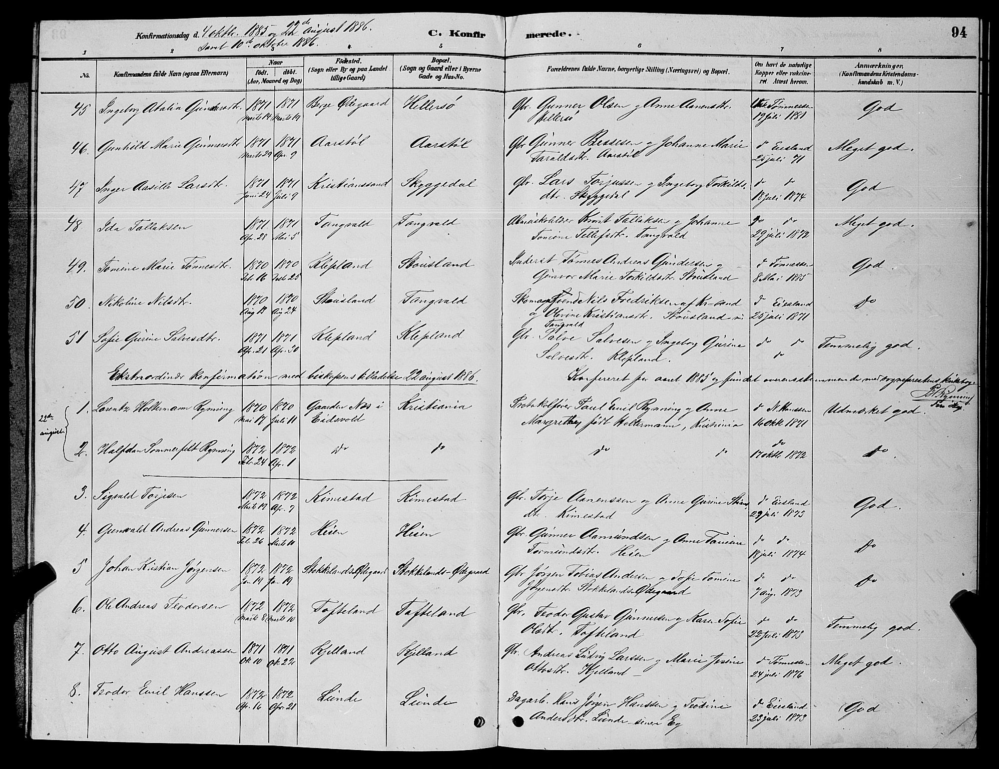 Søgne sokneprestkontor, SAK/1111-0037/F/Fb/Fbb/L0005: Parish register (copy) no. B 5, 1884-1891, p. 94