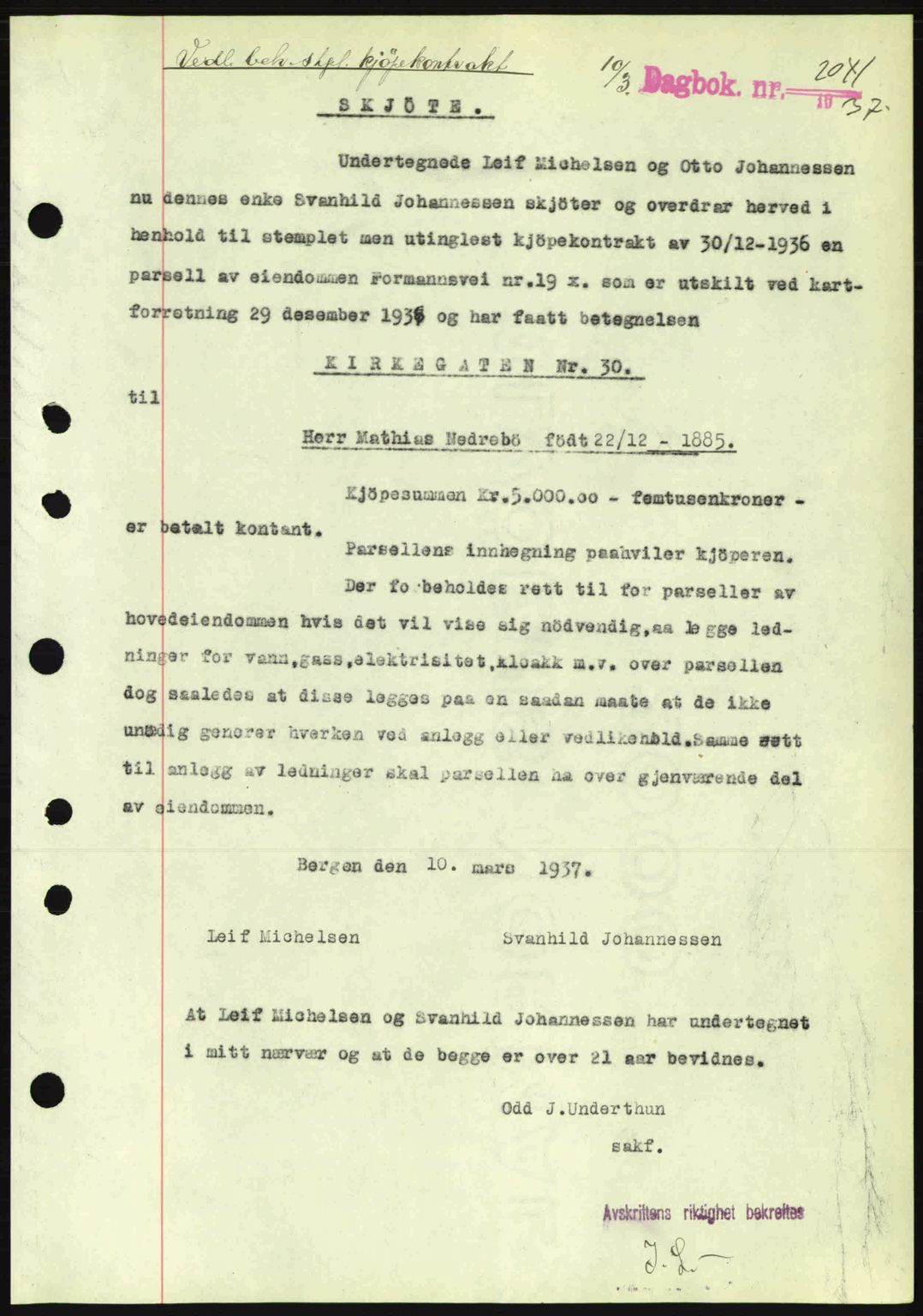 Byfogd og Byskriver i Bergen, SAB/A-3401/03/03Bc/L0004: Mortgage book no. A3-4, 1936-1937, Diary no: : 2041/1937