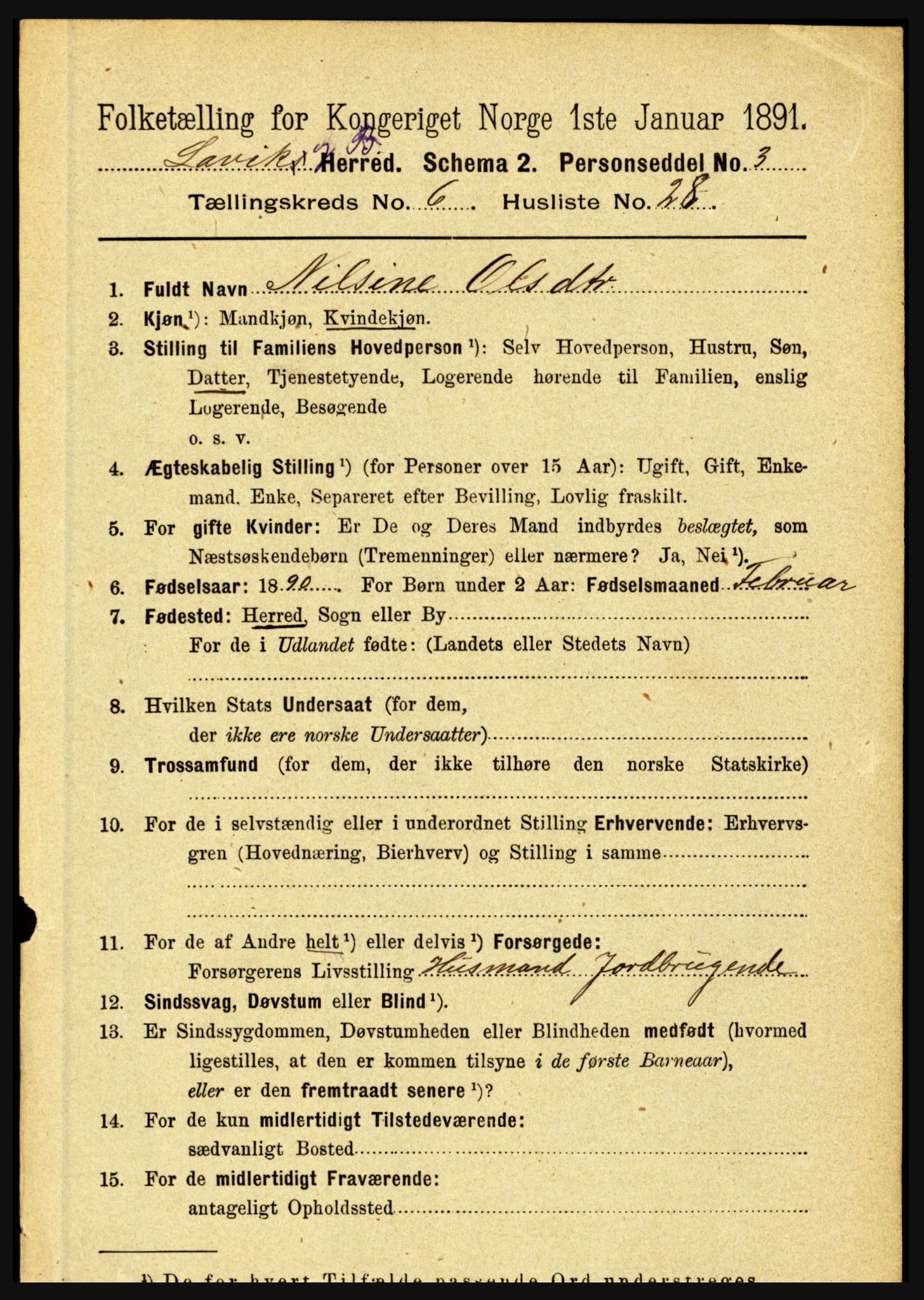 RA, 1891 census for 1415 Lavik og Brekke, 1891, p. 1319