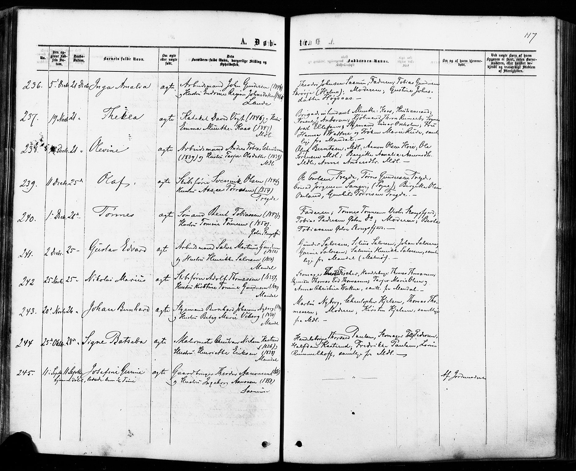 Mandal sokneprestkontor, AV/SAK-1111-0030/F/Fa/Faa/L0015: Parish register (official) no. A 15, 1873-1879, p. 117