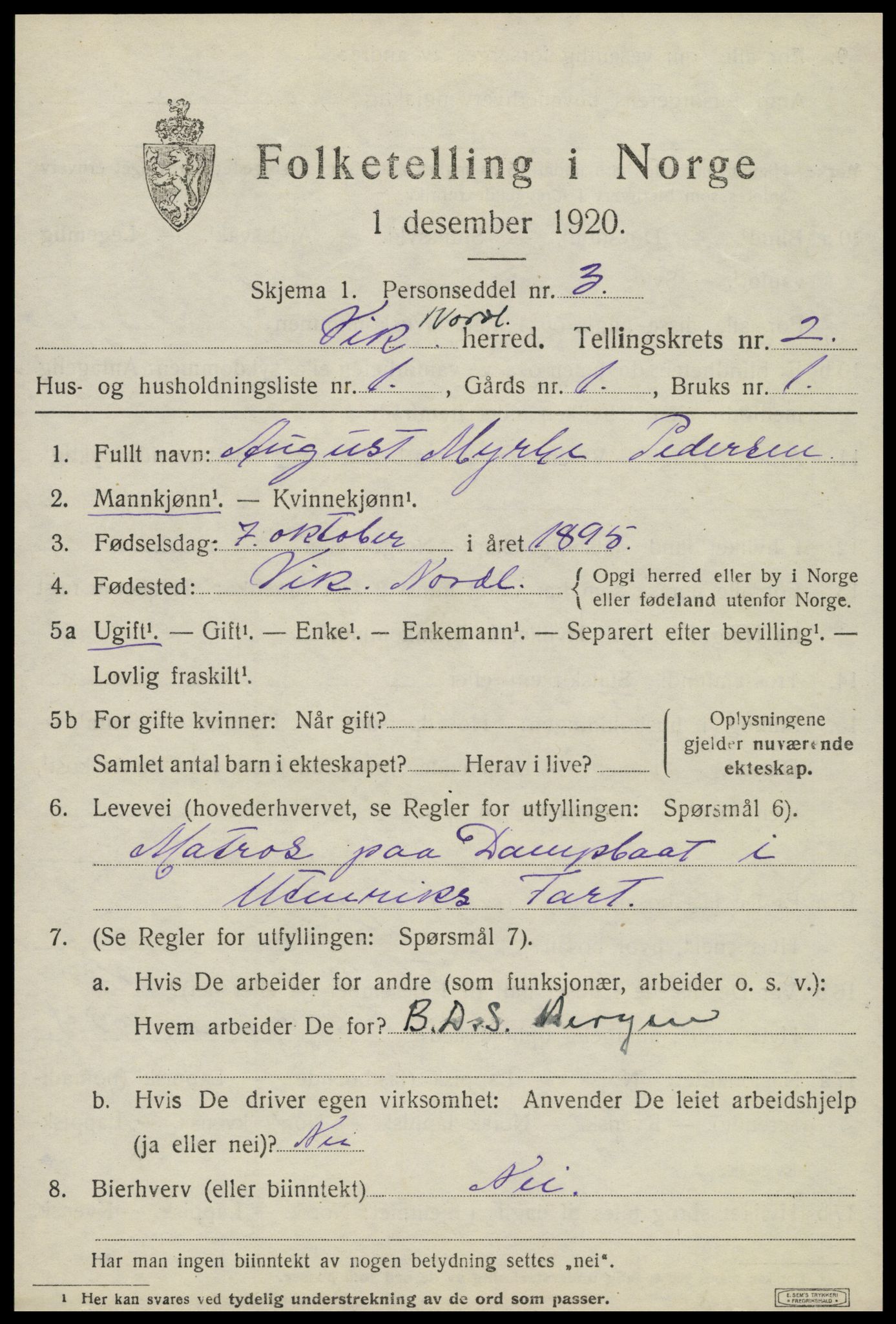 SAT, 1920 census for Vik, 1920, p. 1143