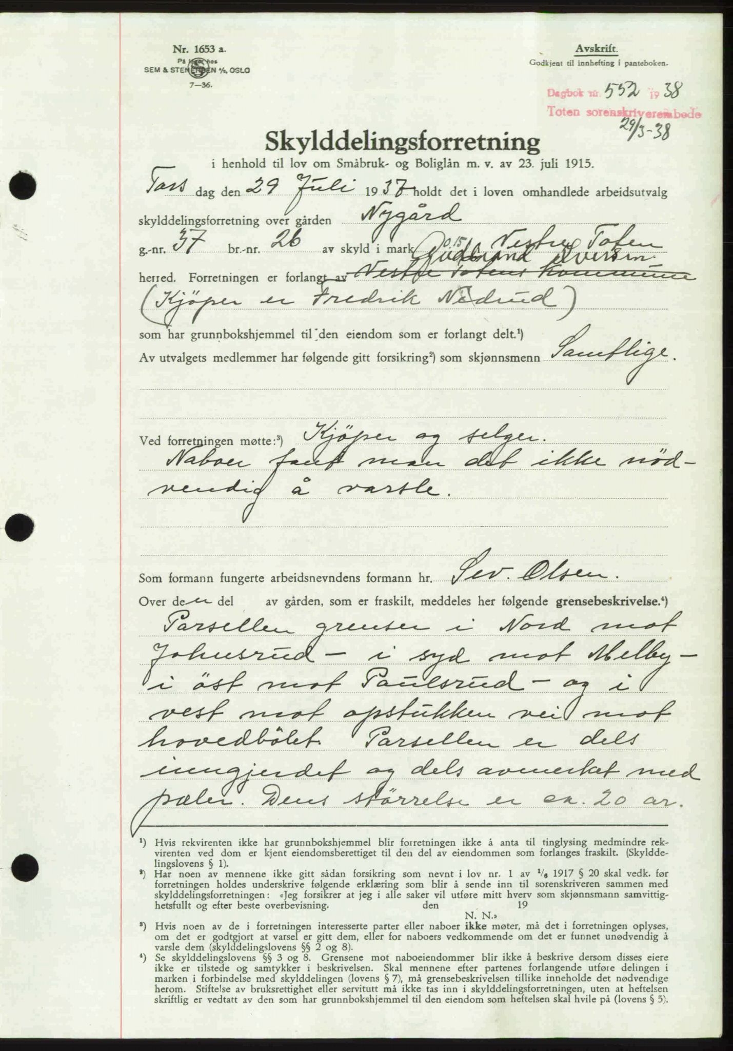 Toten tingrett, SAH/TING-006/H/Hb/Hbc/L0003: Mortgage book no. Hbc-03, 1937-1938, Diary no: : 552/1938
