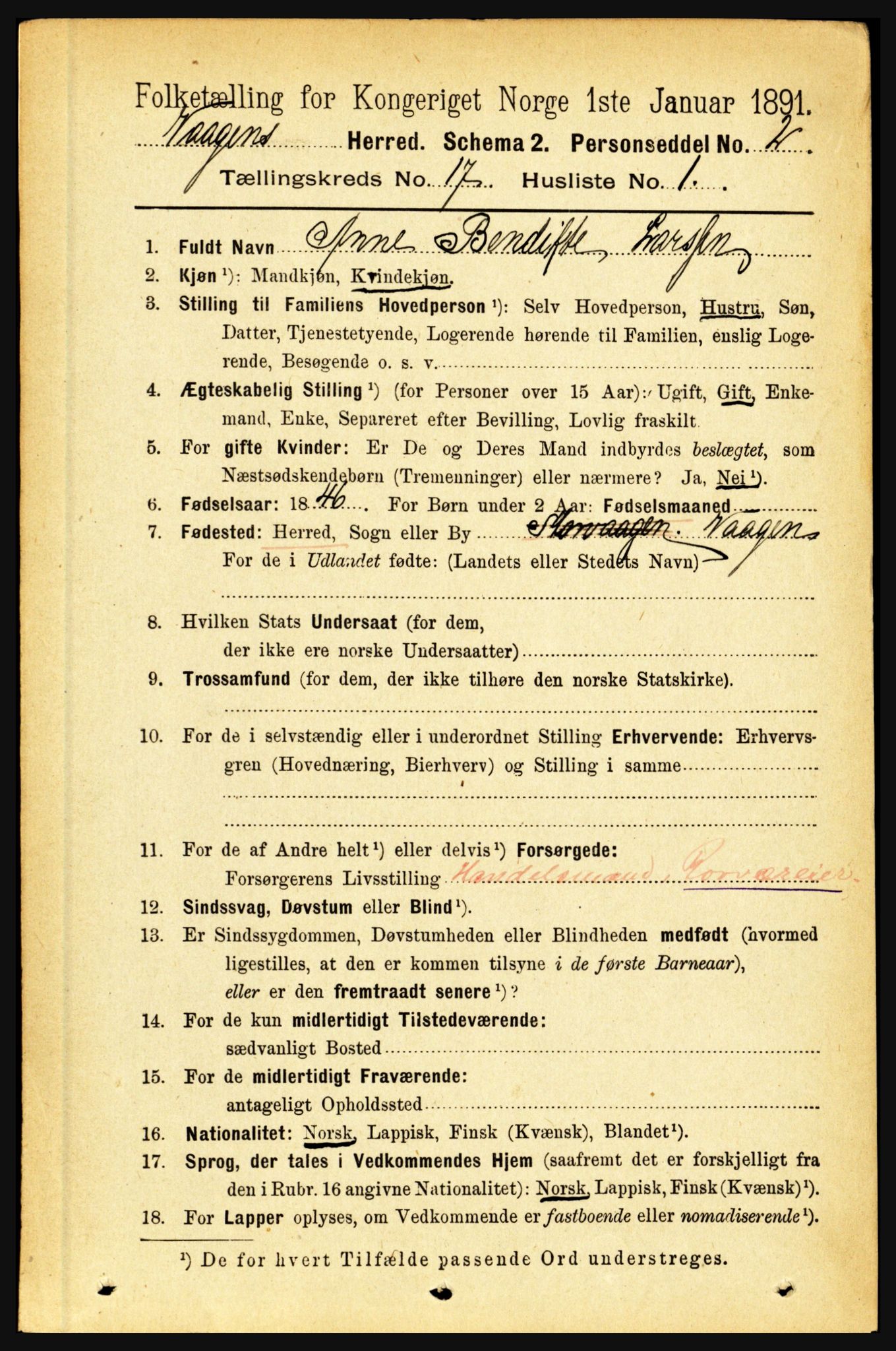 RA, 1891 census for 1865 Vågan, 1891, p. 4919