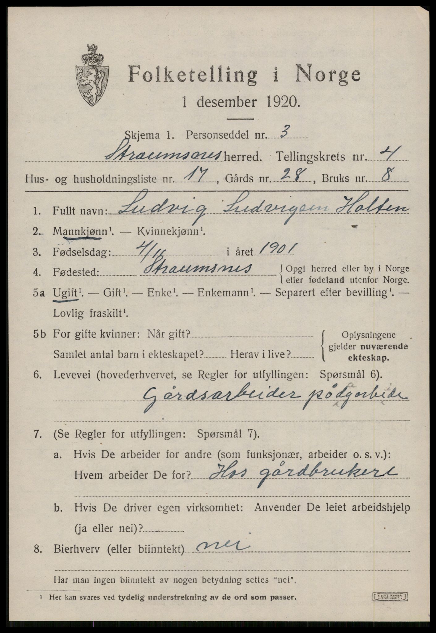 SAT, 1920 census for Straumsnes, 1920, p. 1709