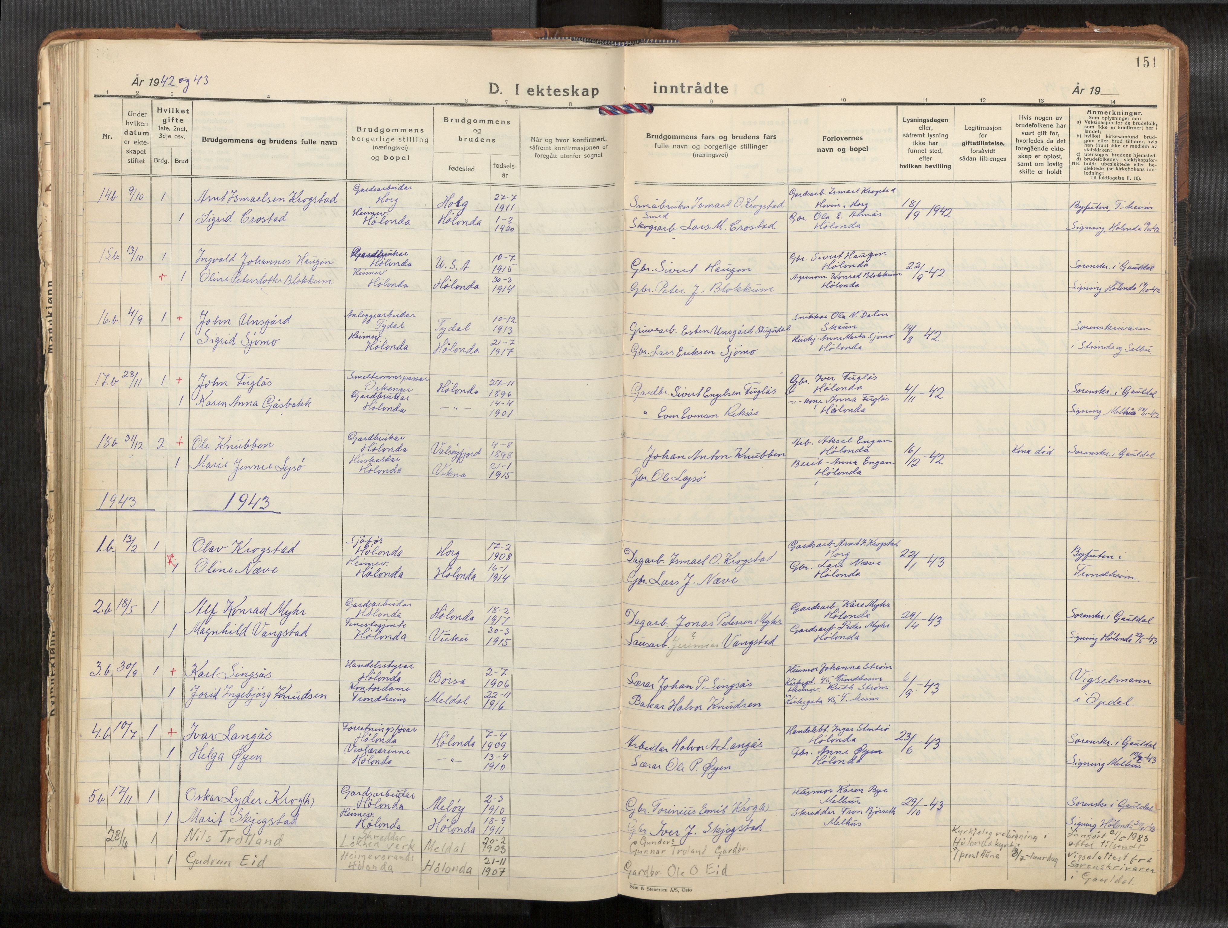 Ministerialprotokoller, klokkerbøker og fødselsregistre - Sør-Trøndelag, AV/SAT-A-1456/694/L1134b: Parish register (copy) no. 694C07, 1937-1984, p. 151