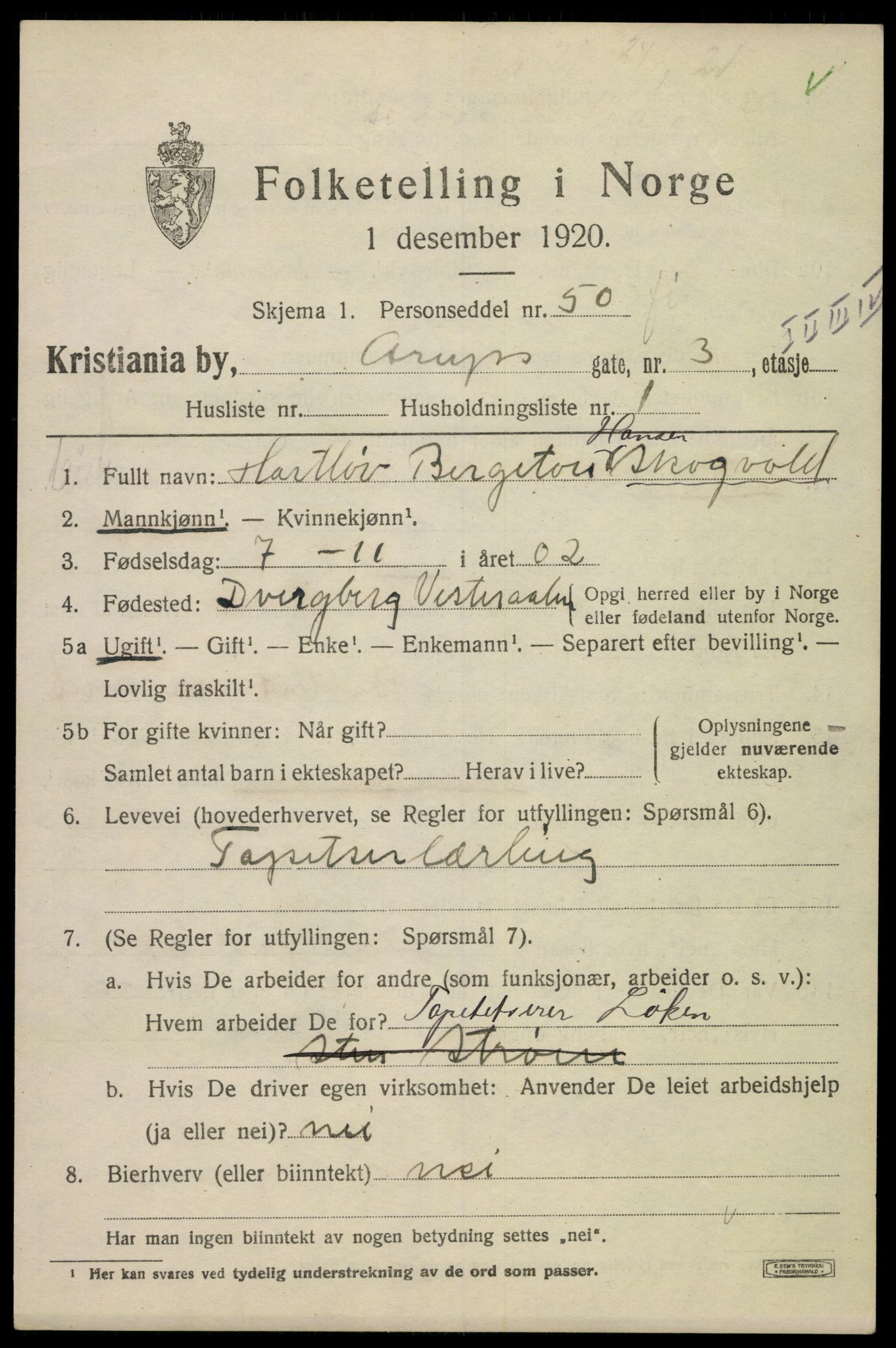 SAO, 1920 census for Kristiania, 1920, p. 145567