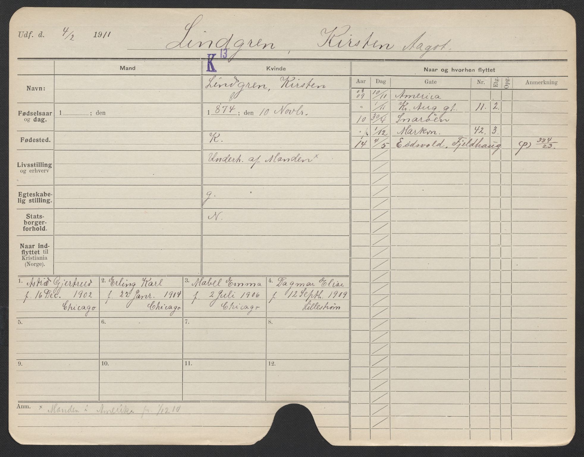 Oslo folkeregister, Registerkort, AV/SAO-A-11715/F/Fa/Fac/L0020: Kvinner, 1906-1914, p. 152a