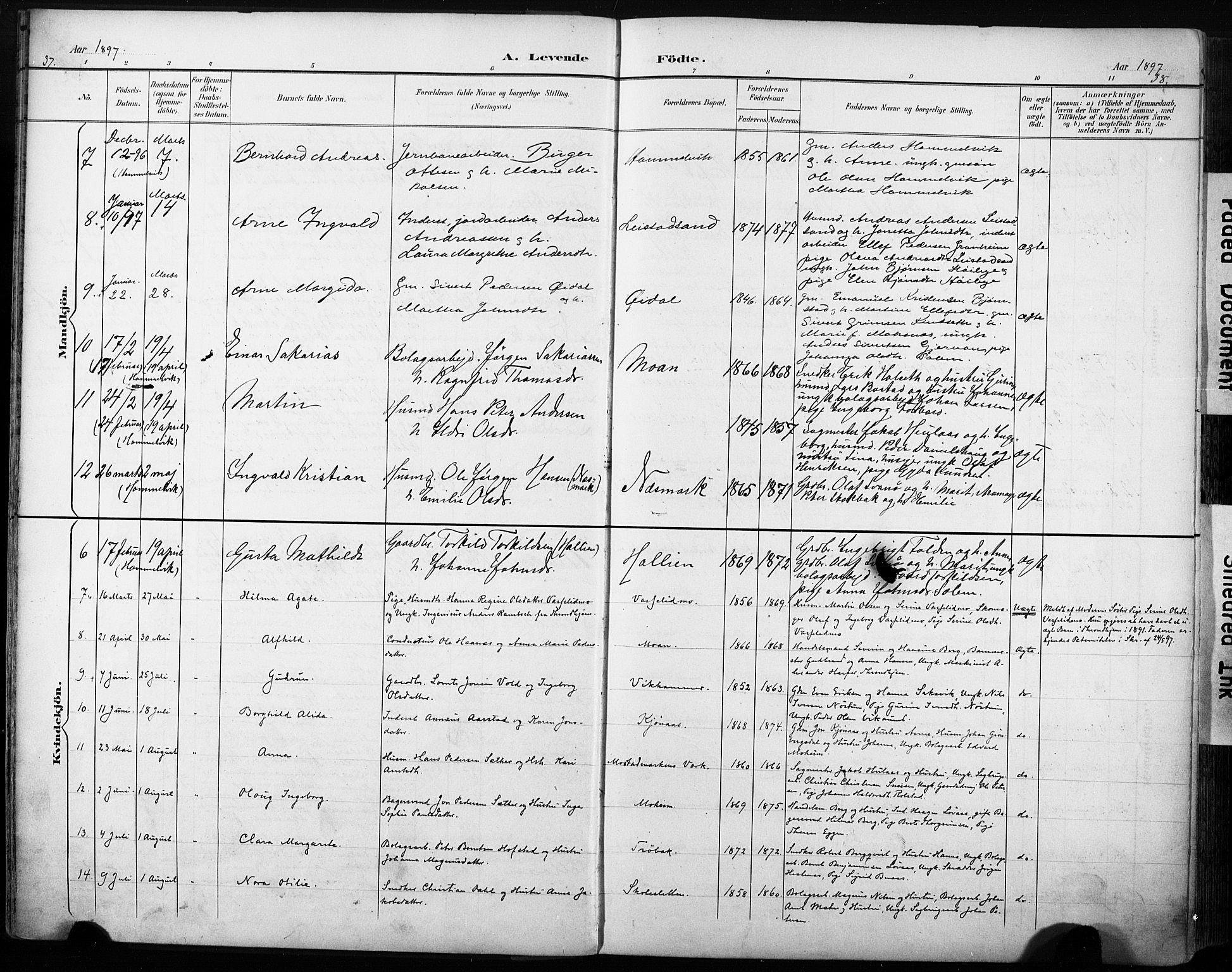 Ministerialprotokoller, klokkerbøker og fødselsregistre - Sør-Trøndelag, AV/SAT-A-1456/616/L0411: Parish register (official) no. 616A08, 1894-1906, p. 37-38