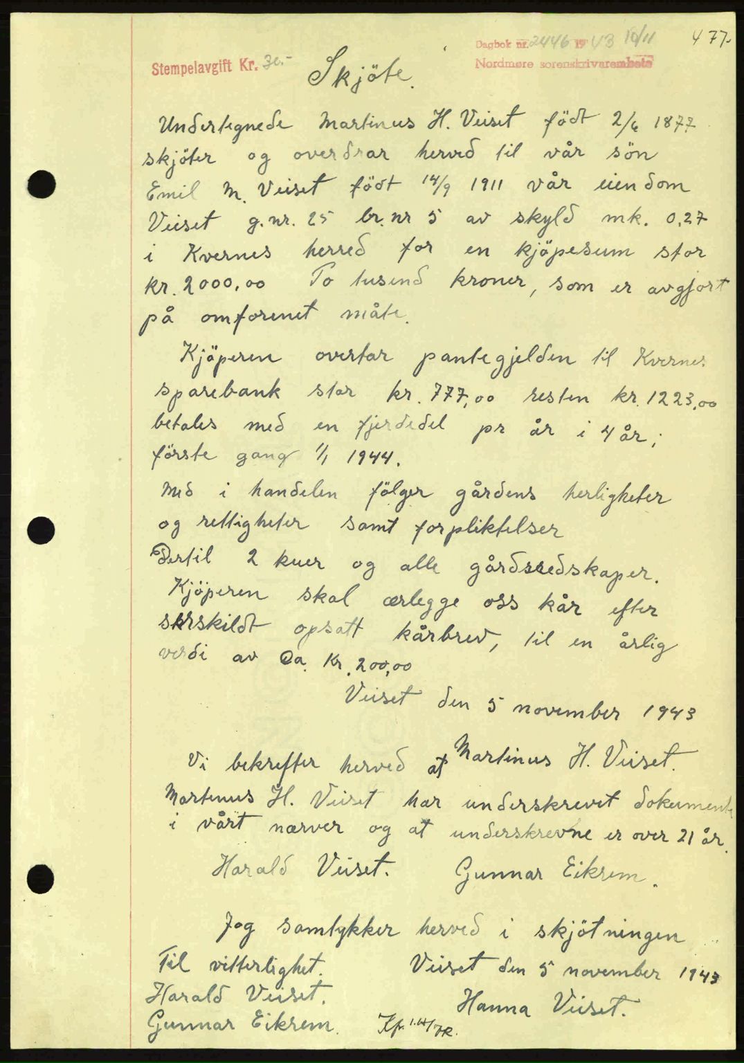 Nordmøre sorenskriveri, SAT/A-4132/1/2/2Ca: Mortgage book no. A96, 1943-1944, Diary no: : 2446/1943