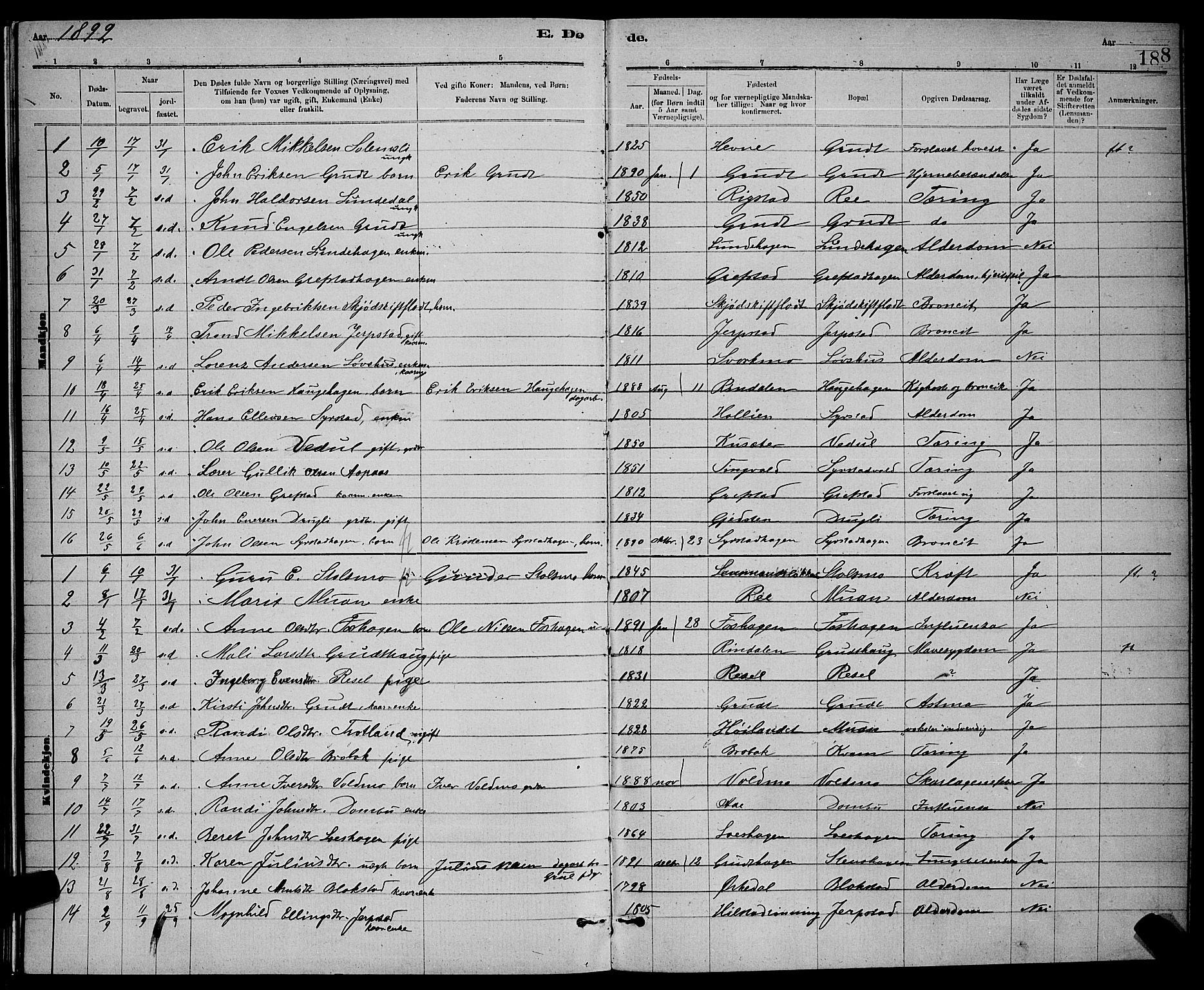 Ministerialprotokoller, klokkerbøker og fødselsregistre - Sør-Trøndelag, AV/SAT-A-1456/672/L0863: Parish register (copy) no. 672C02, 1888-1901, p. 188