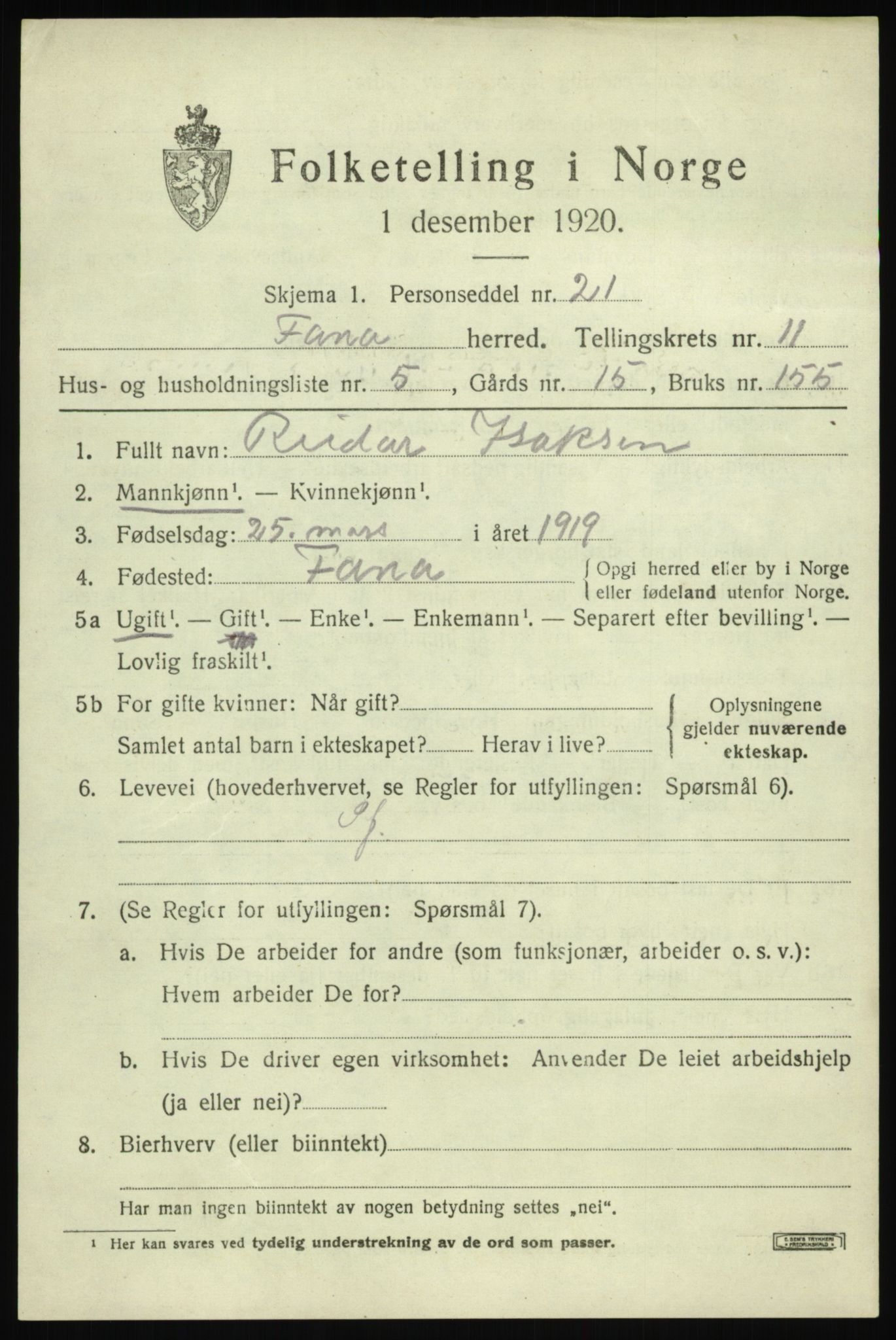 SAB, 1920 census for Fana, 1920, p. 18167