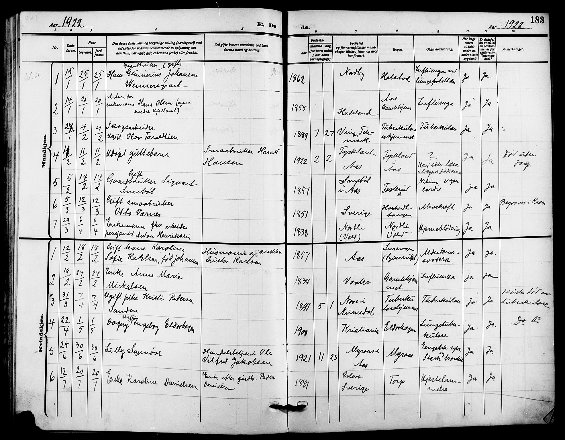 Ås prestekontor Kirkebøker, SAO/A-10894/G/Ga/L0005: Parish register (copy) no. I 5, 1916-1924, p. 183