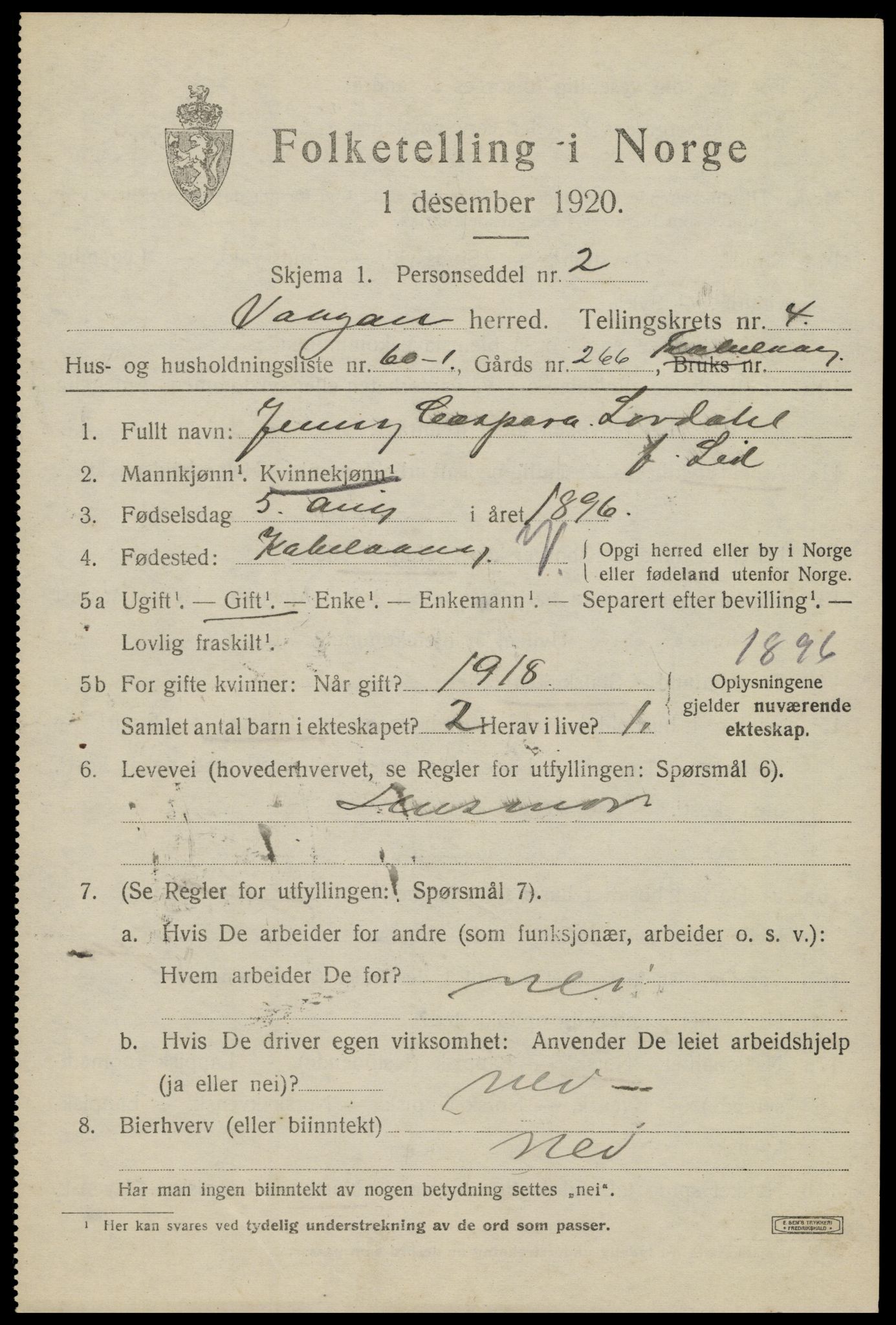 SAT, 1920 census for Vågan, 1920, p. 3951