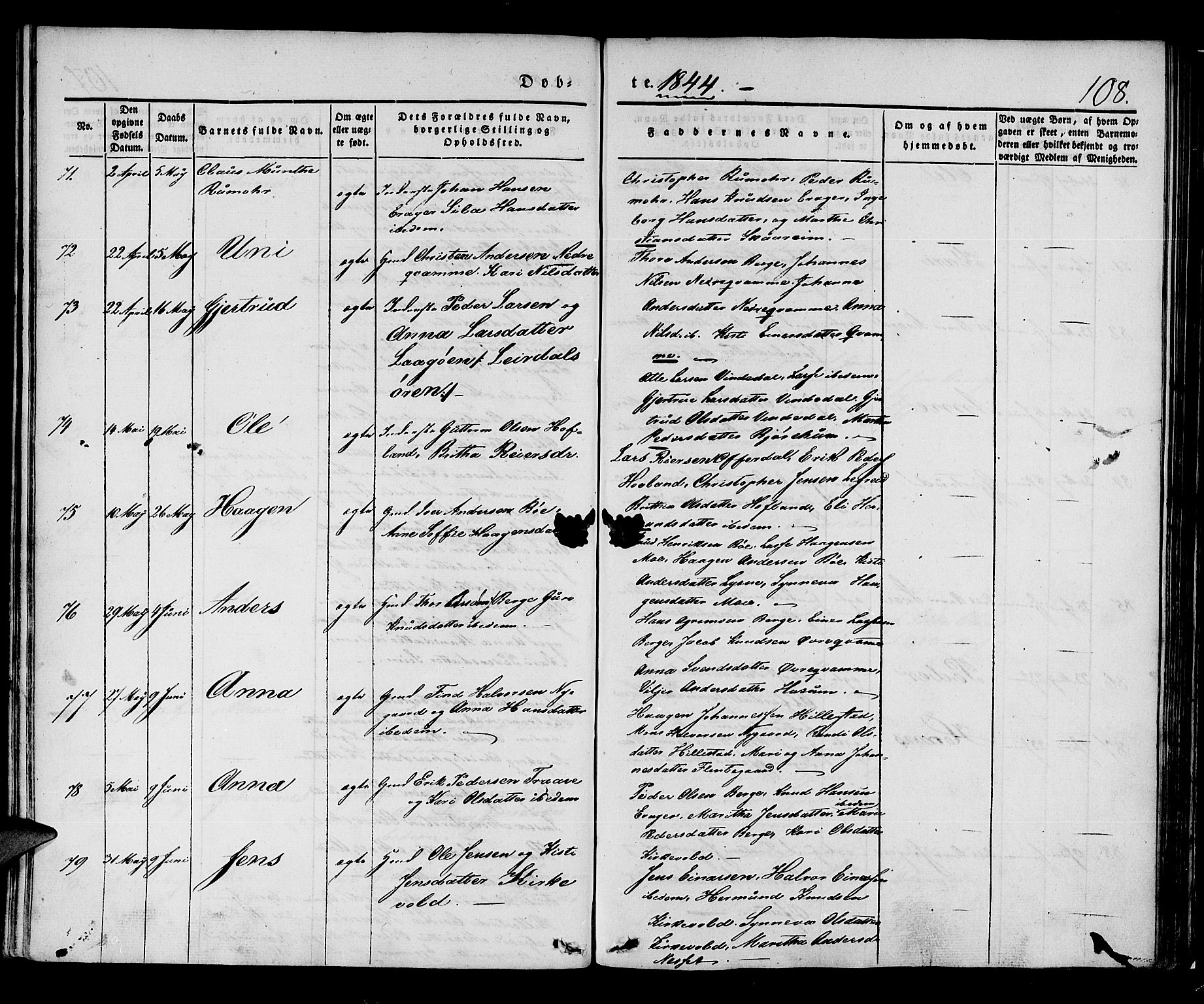 Lærdal sokneprestembete, SAB/A-81201: Parish register (official) no. A 6, 1835-1849, p. 108