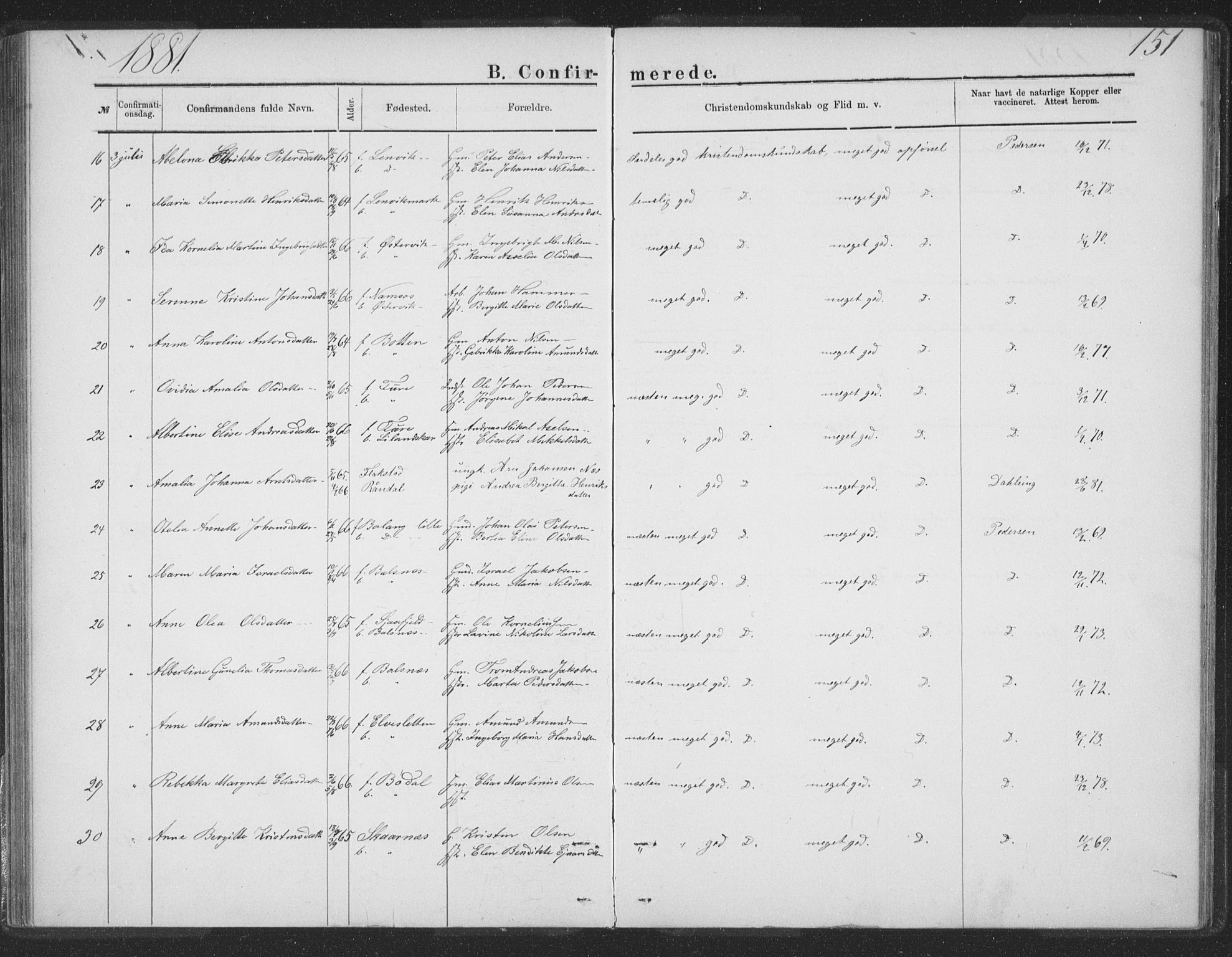 Ministerialprotokoller, klokkerbøker og fødselsregistre - Nordland, AV/SAT-A-1459/863/L0913: Parish register (copy) no. 863C03, 1877-1885, p. 151