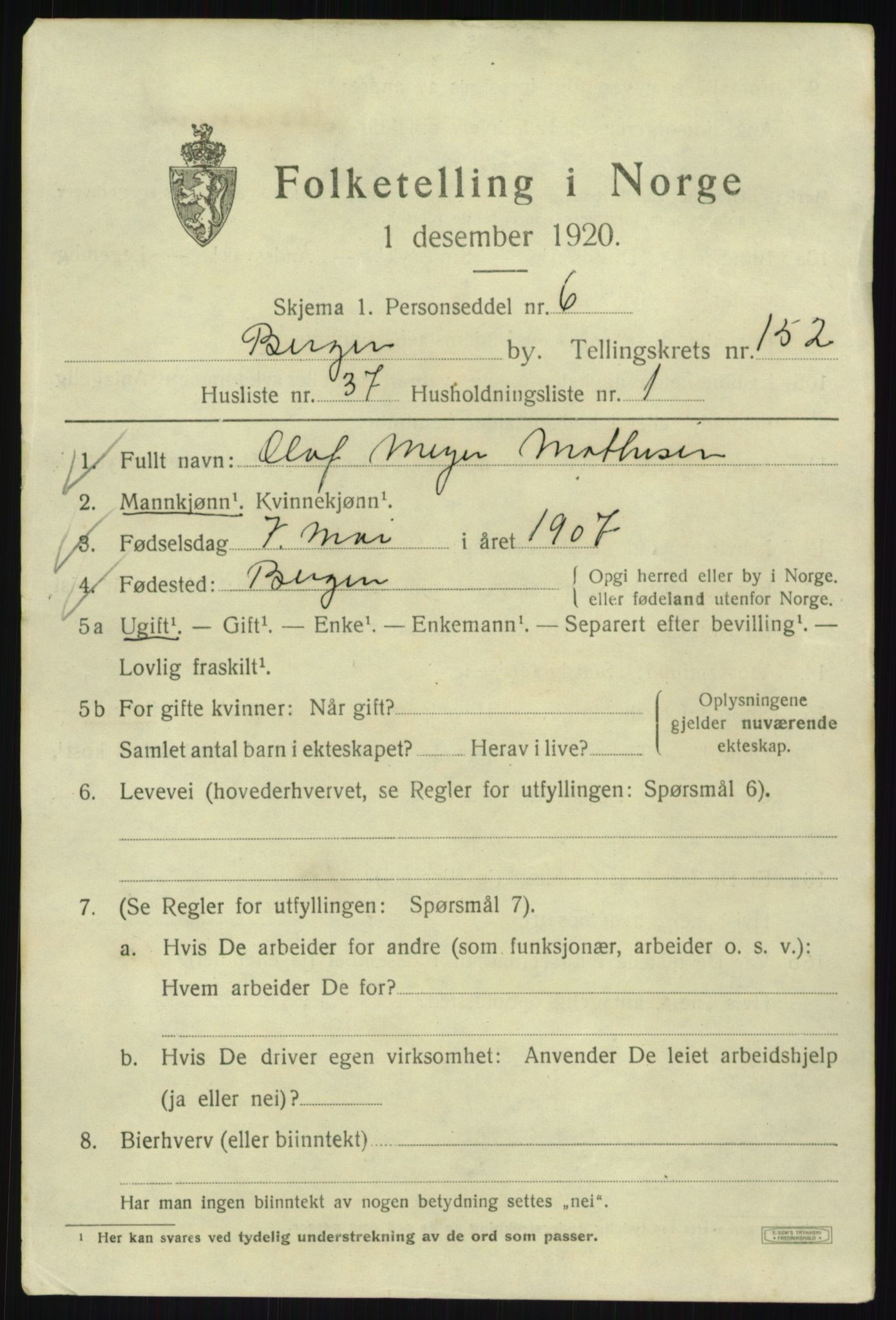 SAB, 1920 census for Bergen, 1920, p. 247405